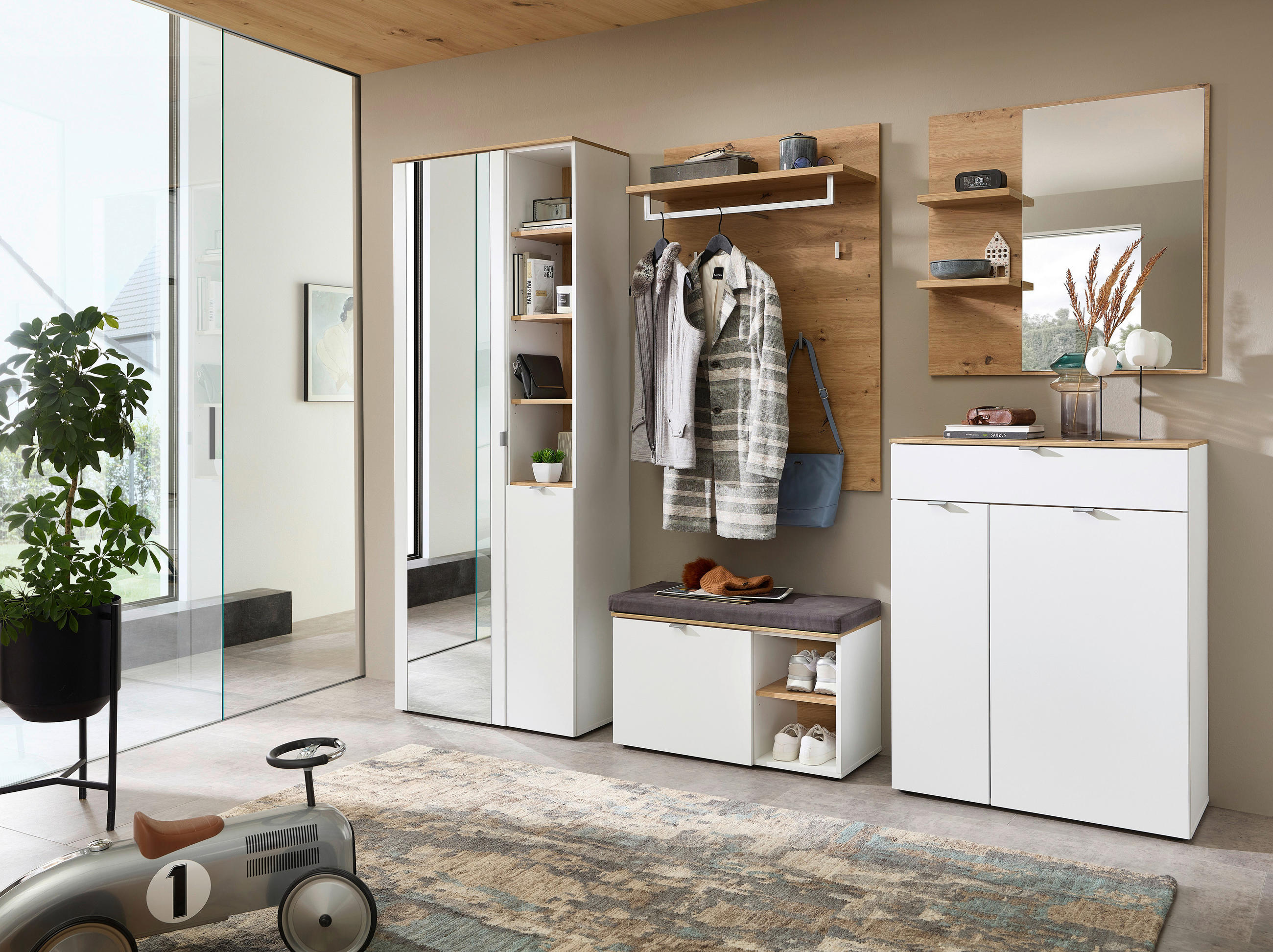 GARDEROBE 5-teilig  in 264/202/38 cm  - Weiß/Eiche Artisan, Design, Glas/Holzwerkstoff (264/202/38cm) - Xora
