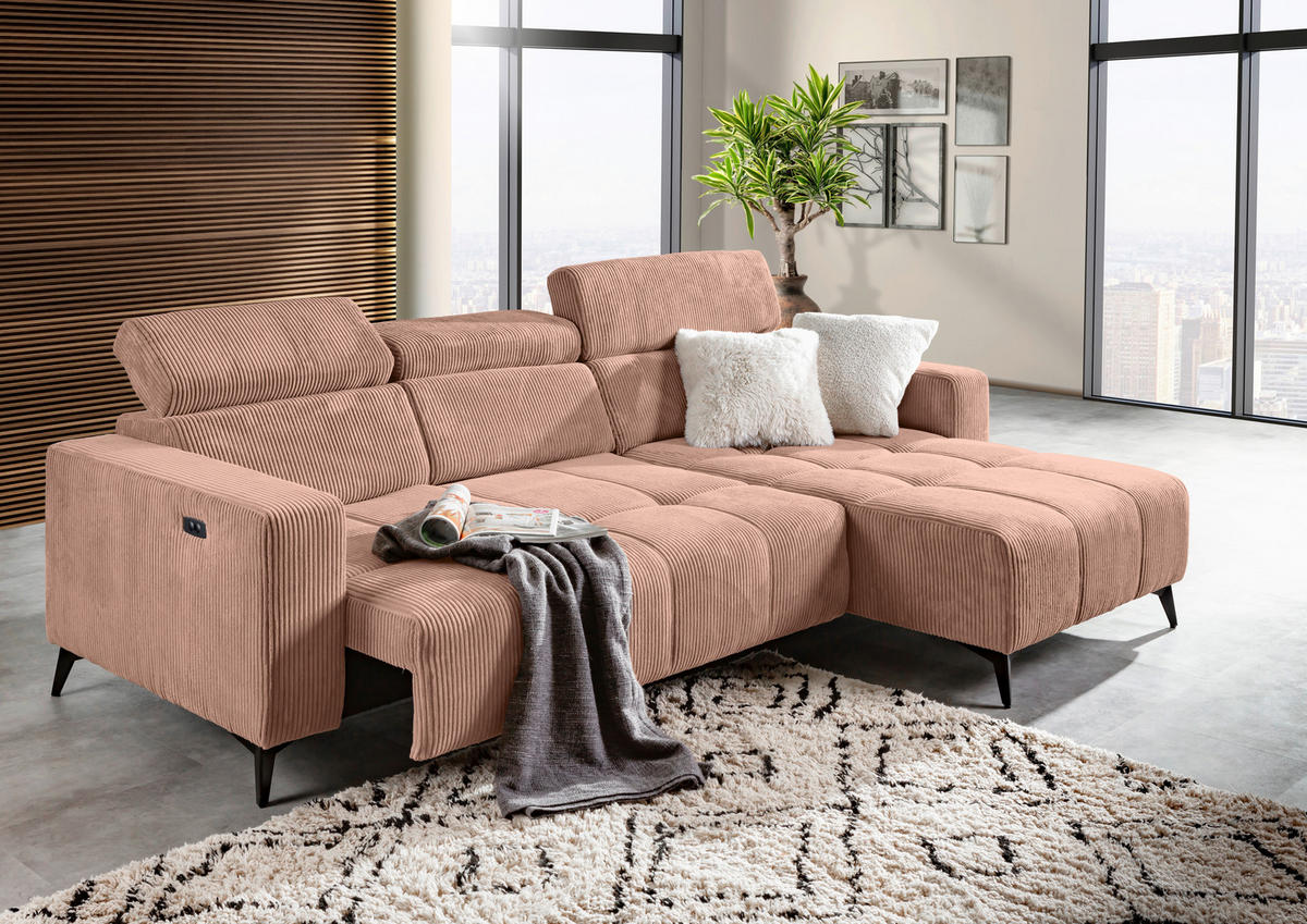 ECKSOFA Altrosa Cord Rücken echt, Kopfteilverstellung, Sitzvorzug  - Schwarz/Altrosa, KONVENTIONELL, Textil/Metall (257/170cm) - Carryhome