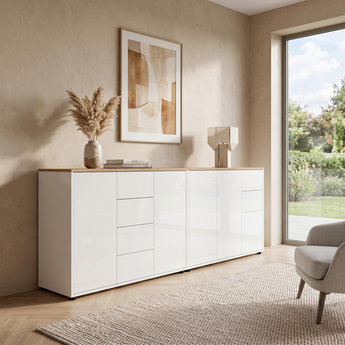 SIDEBOARD Mailand Set 13 211/73/33 cm 6 Schublade(n)  - Weiß Hochglanz/Schwarz, MODERN, Holzwerkstoff/Kunststoff (211/73/33cm) - MID.YOU