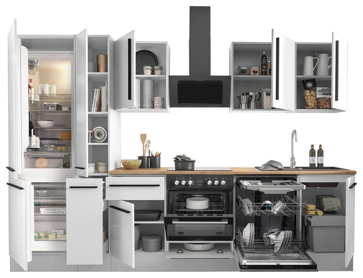 KÜCHENBLOCK 310 cm   in Weiß, Eichefarben  - Eichefarben/Schwarz, Design, Holzwerkstoff/Kunststoff (310cm) - MID.YOU