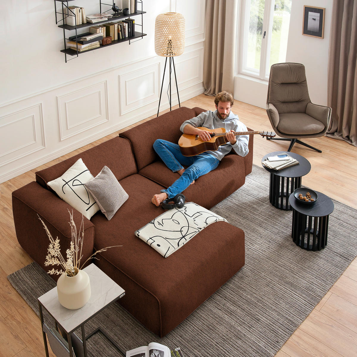 ECKSOFA in Webstoff Rostfarben  171/265 cm  - Rostfarben/Schwarz, Design, Kunststoff/Textil (171/265cm) - home24
