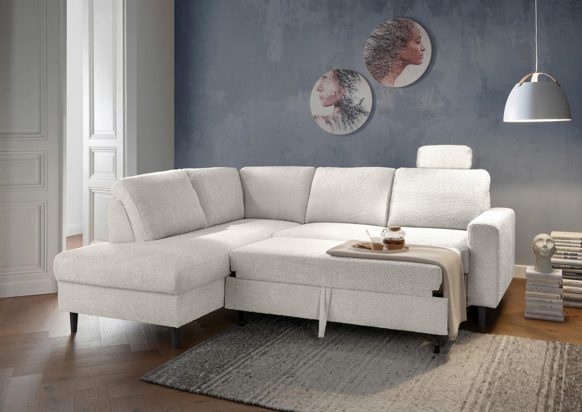 ECKSCHLAFSOFA Weiß Bouclé  - Schwarz/Weiß, MODERN, Holz/Textil (200/242cm) - Livetastic