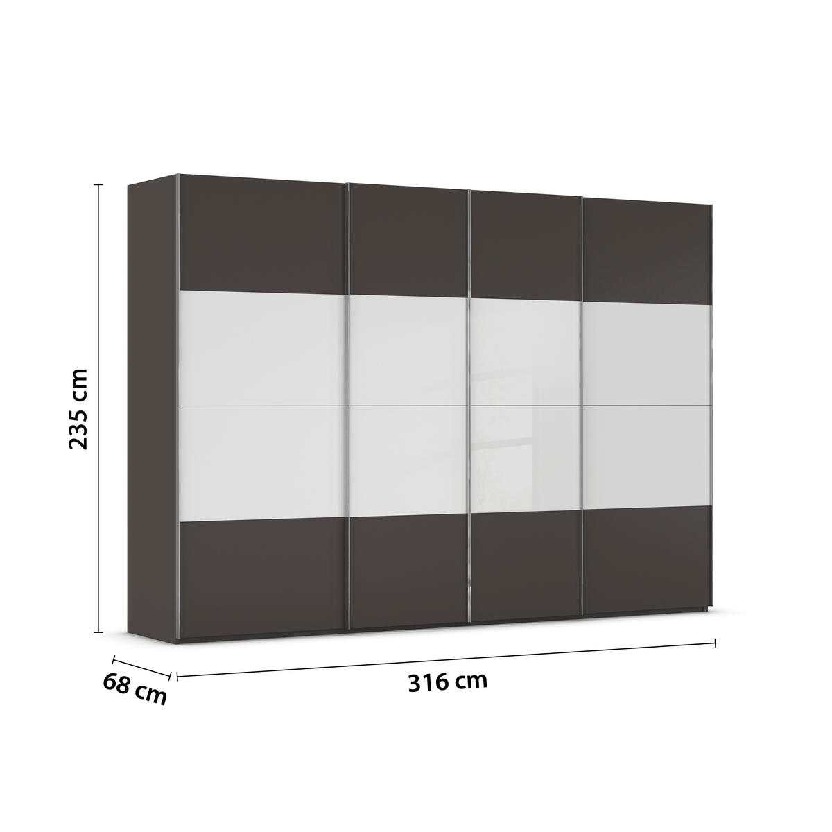 SCHWEBETÜRENSCHRANK 316/235/68 cm 4-türig Graphitfarben, Weiß  - Chromfarben/Graphitfarben, KONVENTIONELL, Glas/Holzwerkstoff (316/235/68cm) - Novel