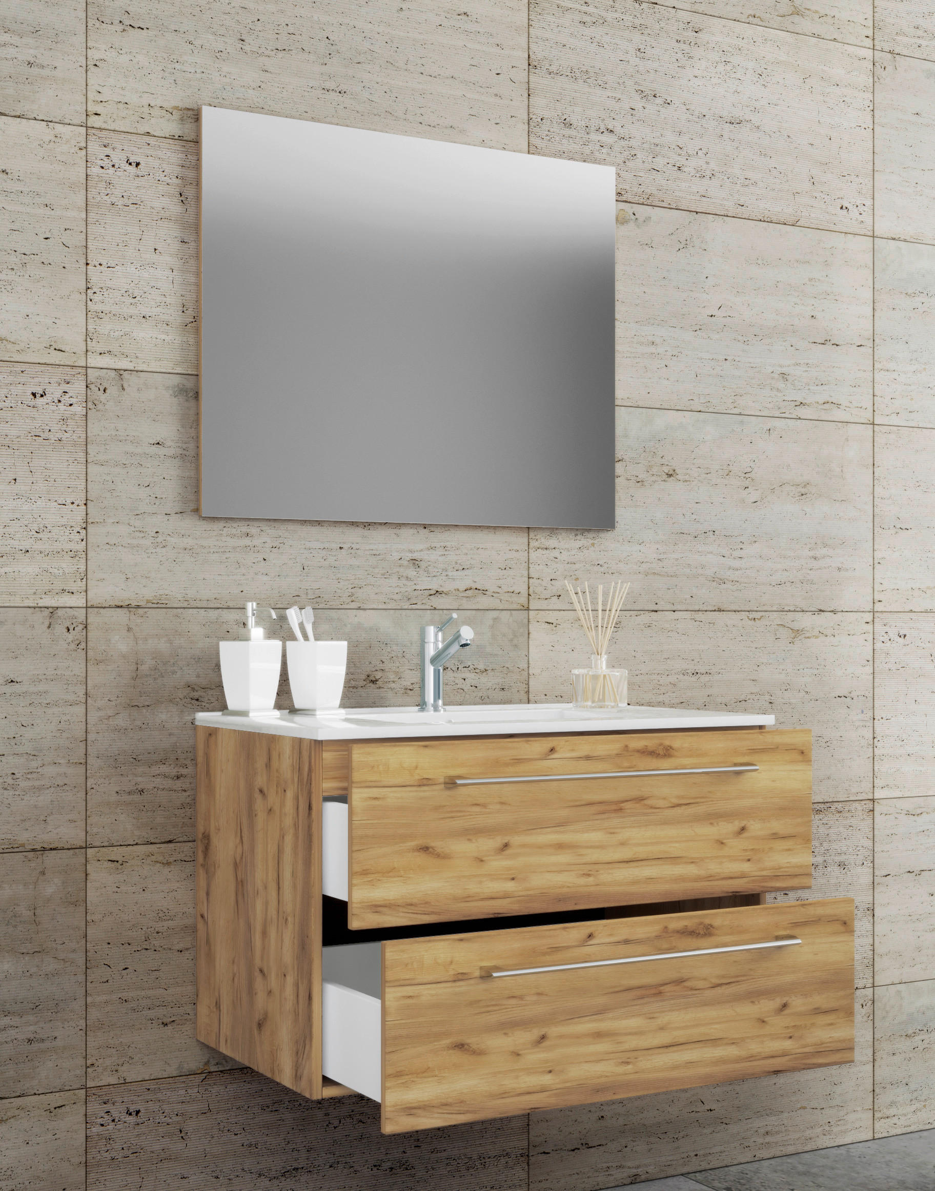 BADEZIMMER 3-teilig  in 80 cm  - Honigeiche/Weiss, Modern, Keramik/Holzwerkstoff (80cm) - MID.YOU