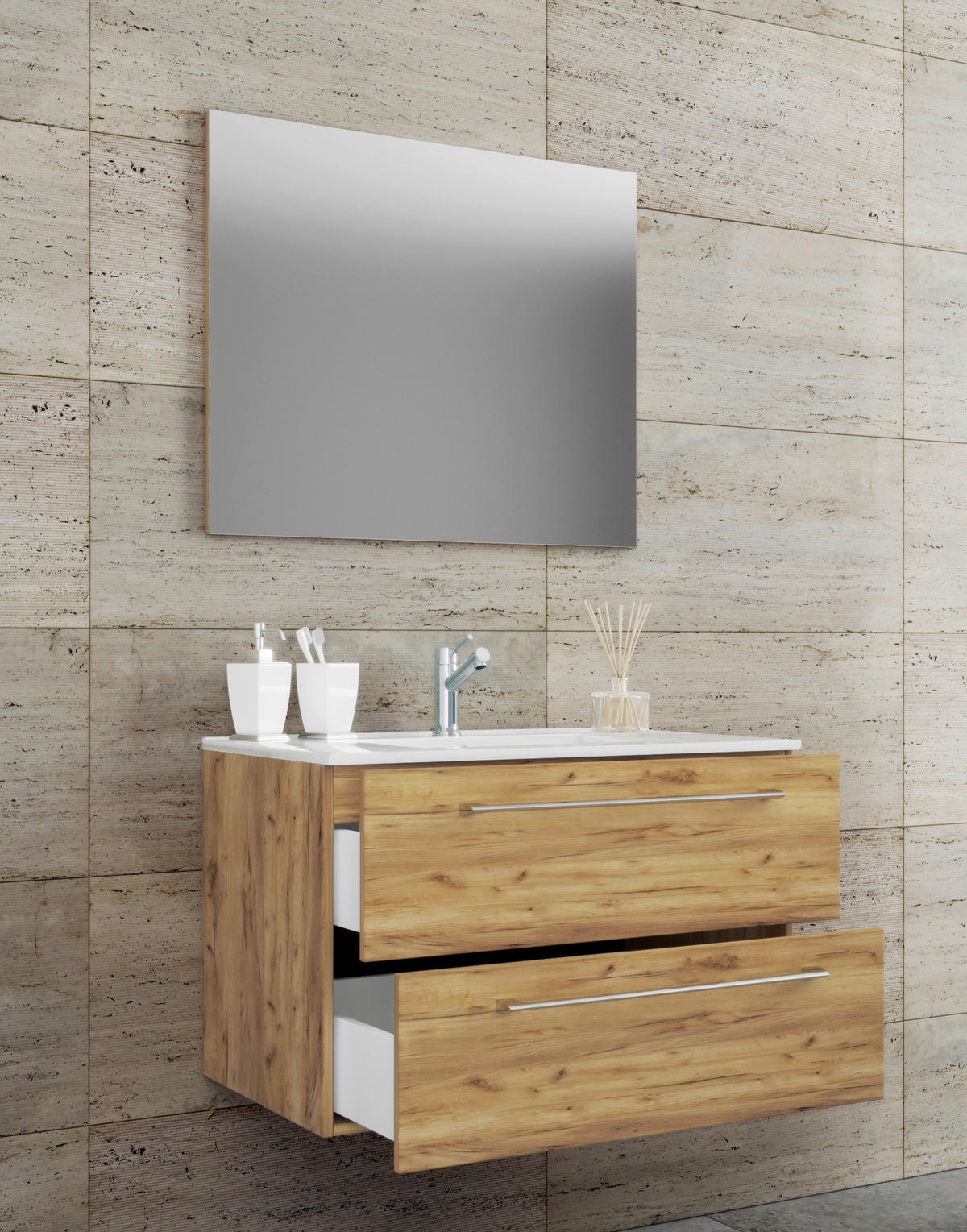 BADEZIMMER 3-teilig  in 80 cm  - Honigeiche/Weiss, Modern, Keramik/Holzwerkstoff (80cm) - MID.YOU
