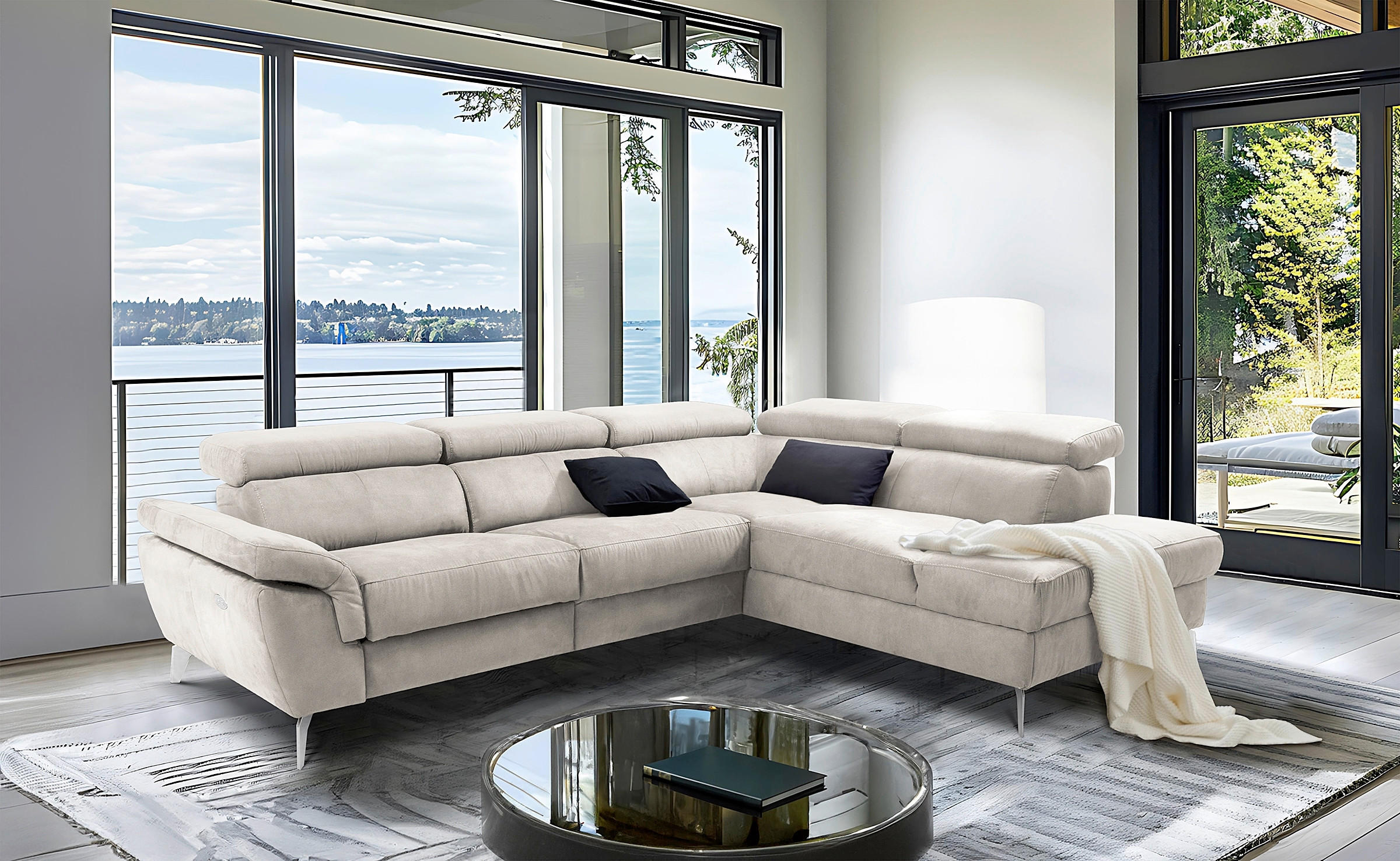 ECKSOFA SONO in Lederlook Hellgrau Armteilverstellung, Kopfteilverstellung  265/210 cm  - Chromfarben/Hellgrau, Design, Textil/Metall (265/210cm) - Livetastic