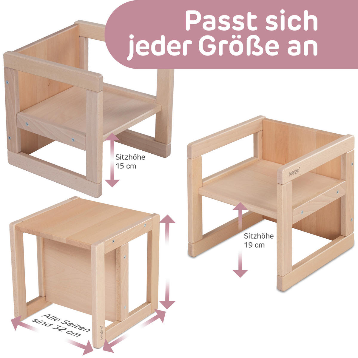 LERNTURM Littlefoot 3-in-1  - Naturfarben, Basics, Holz (32/32/32cm) - Tobi