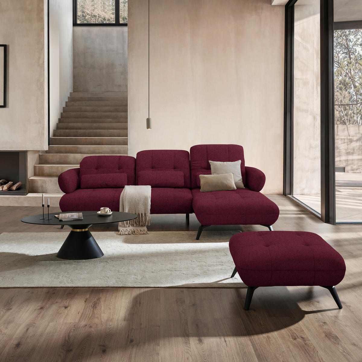 ECKSOFA Chenille Weinrot  - Weinrot/Schwarz, Design, Textil/Metall (282/189cm) - Novel