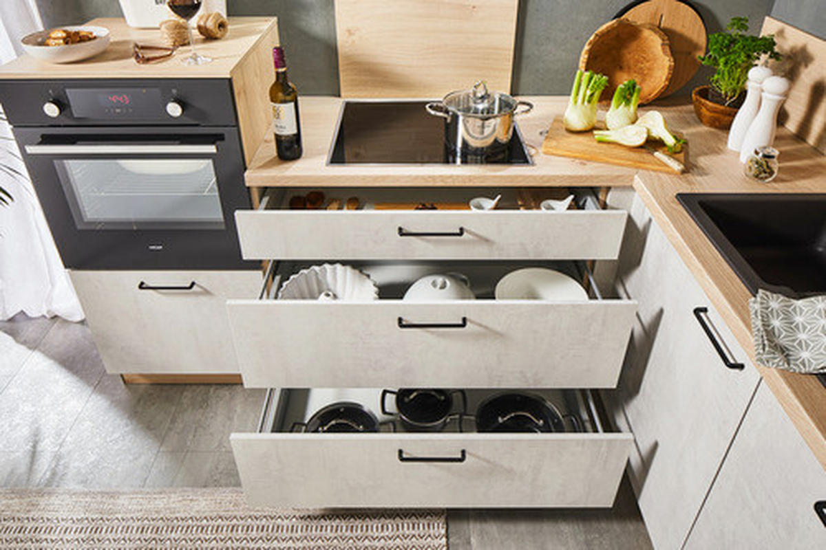 ROHOVÁ KUCHYŇA BASE 245 - biela/farba duba, Modern, kompozitné drevo (245/225cm) - Welnova