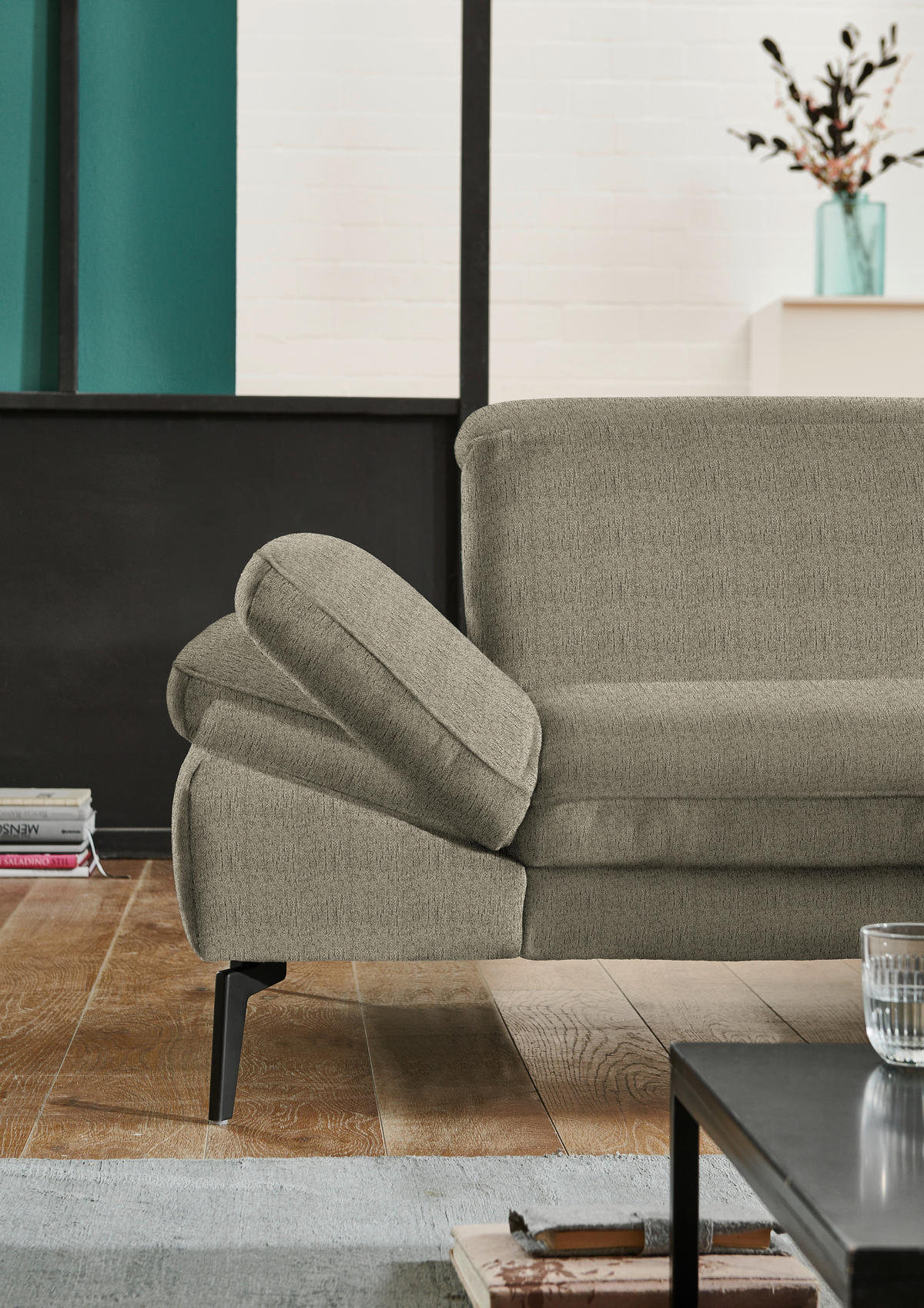 ECKSOFA in Chenille Olivgrün  - Schwarz/Olivgrün, Design, Textil/Metall (319/188cm) - Beldomo System