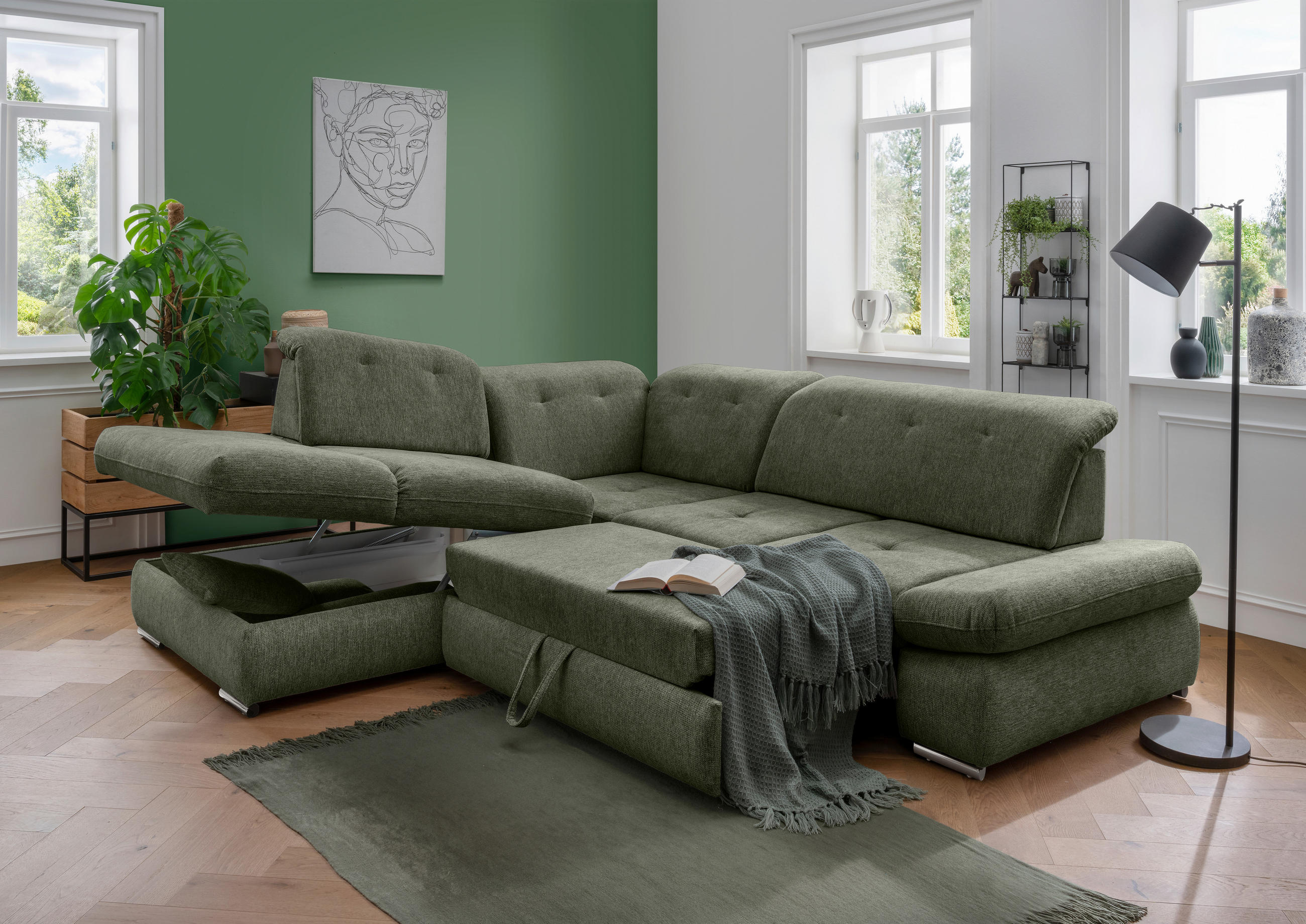 ECKSOFA in Chenille Dunkelgrün  - Chromfarben/Dunkelgrün, Design, Textil/Metall (254/280cm) - Livetastic