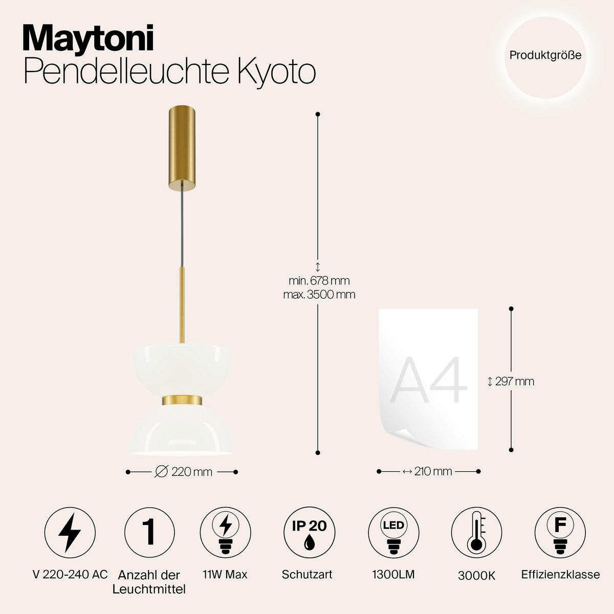 PENDELLEUCHTE 22/350 cm    - Weiss/Goldfarben, Design, Metall (22/350cm) - MAYTONI