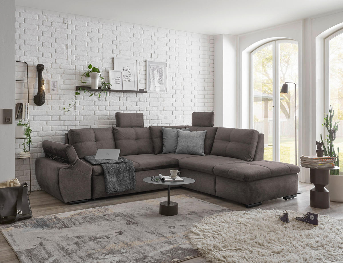 ECKSOFA in Mikrovelours Graubraun  - Graubraun/Schwarz, Konventionell, Kunststoff/Textil (265/217cm) - Carryhome