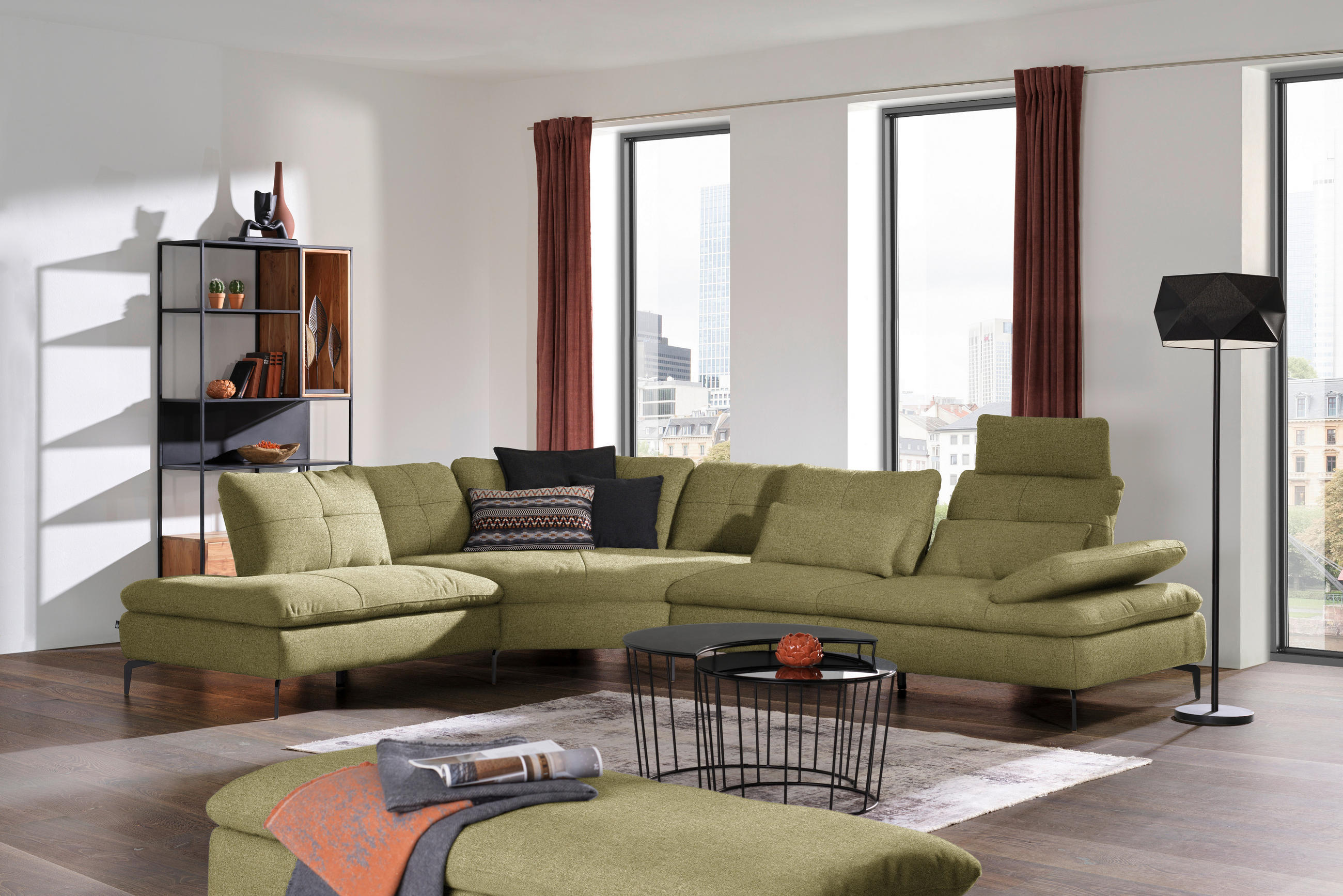 ECKSOFA in Flachgewebe Olivgrün  - Schwarz/Olivgrün, Design, Textil/Metall (271/344cm) - Chilliano