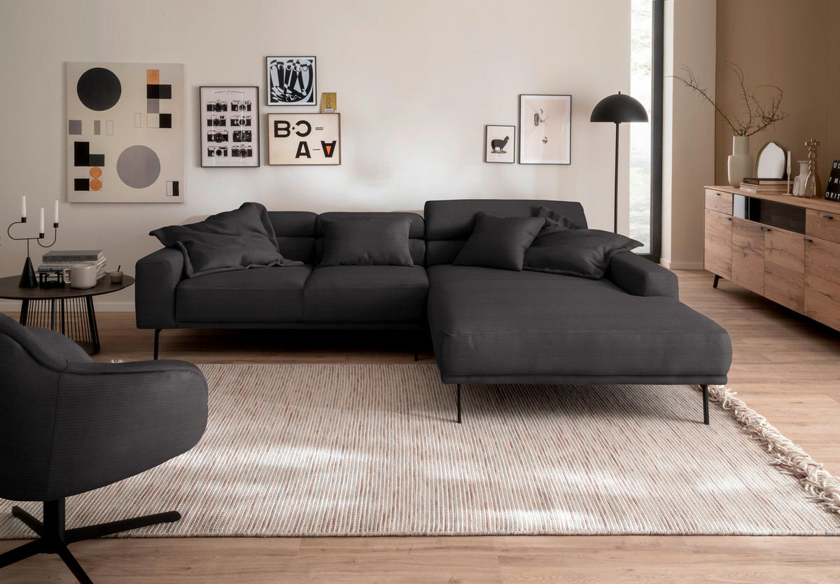 ECKSOFA Cord Dunkelbraun  - Dunkelbraun/Schwarz, Design, Textil/Metall (293/215-217cm) - Schöner Wohnen