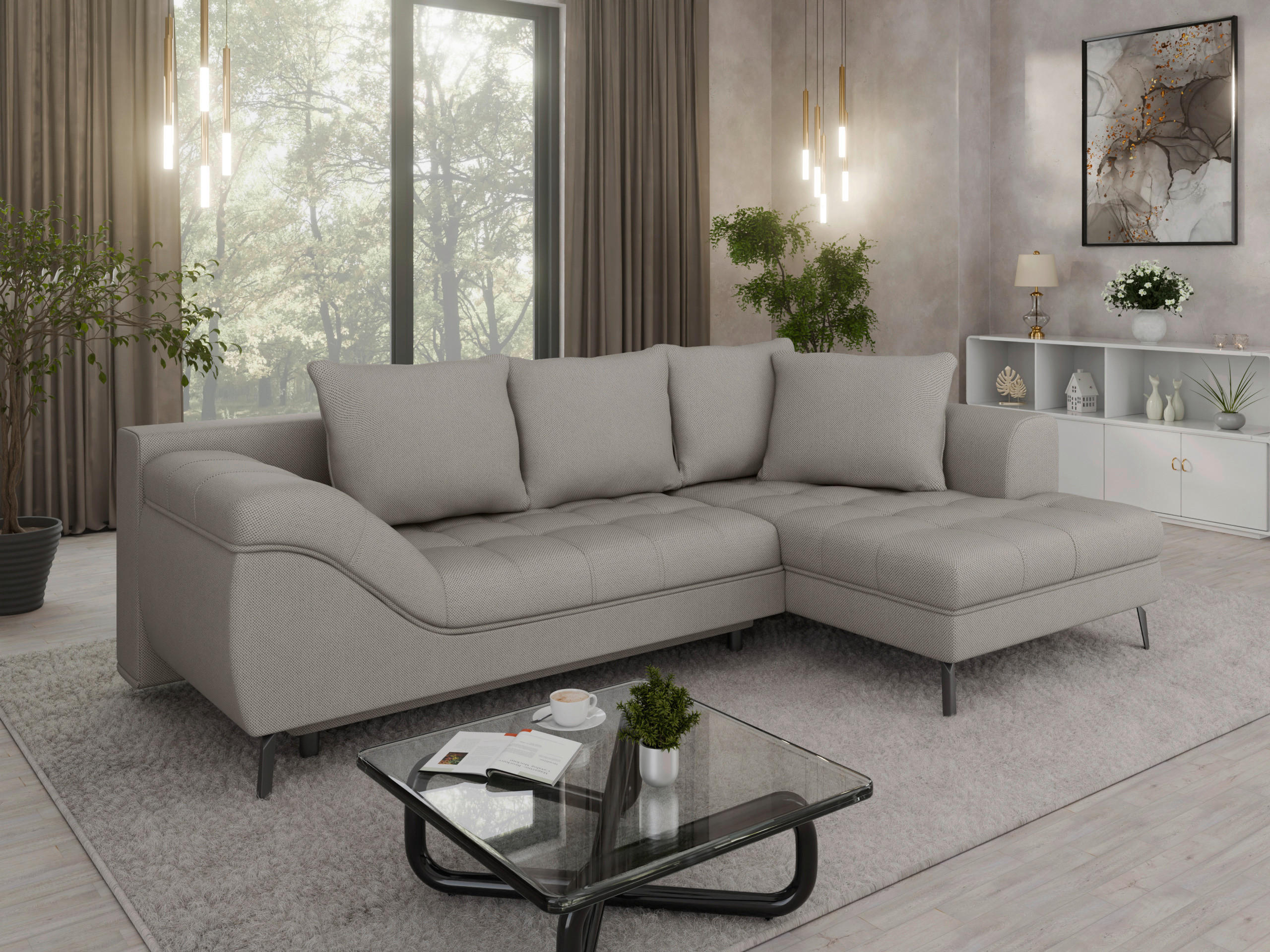 Ecksofa inkl. Funktionen Graubraun Webstoff  - Graubraun/Schwarz, MODERN, Textil/Metall (279/177cm) - Stylife