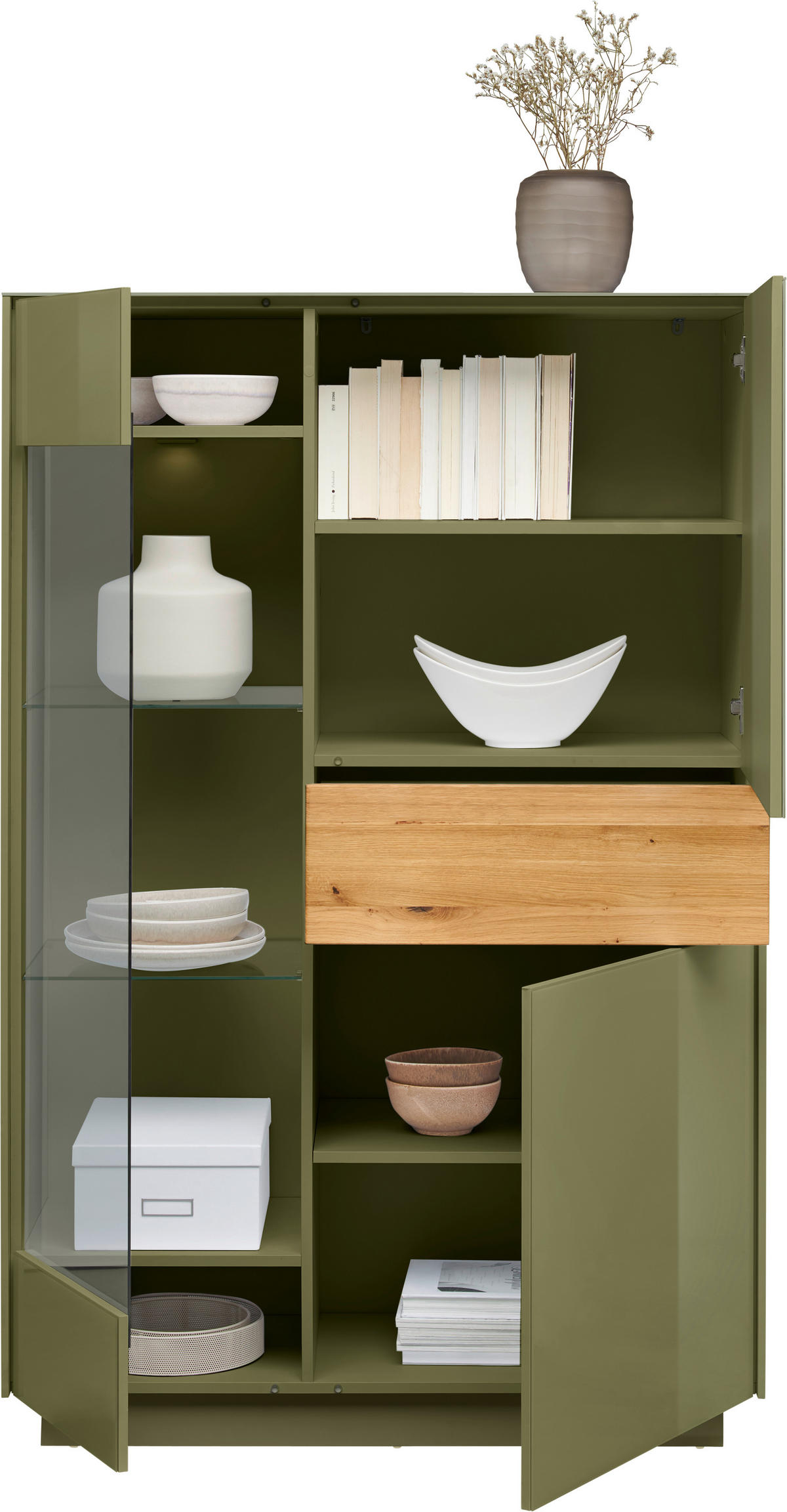 Comodă Înaltă 101/150/42 cm  - culoare lemn stejar/măsliniu, Design, sticlă/lemn (101/150/42cm) - Novel