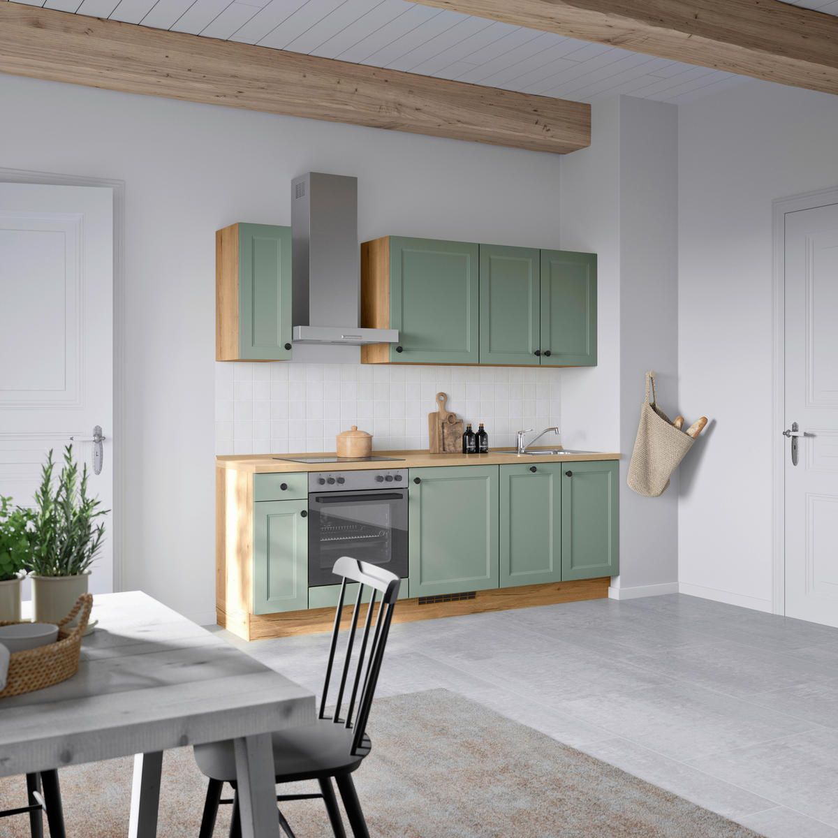 KÜCHENBLOCK Cascada 240 cm  in Grün, Eichefarben  - Eichefarben/Schwarz, MODERN, Holzwerkstoff/Metall (240cm) - Nobilia