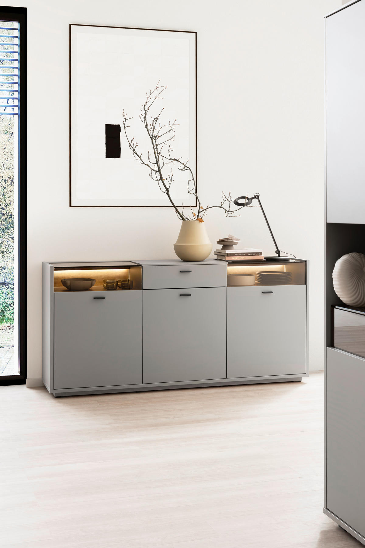 KOMODA     siva, boje hrasta  - siva/boje hrasta, Design, staklo/drvni materijal (185/88cm) - Stylife