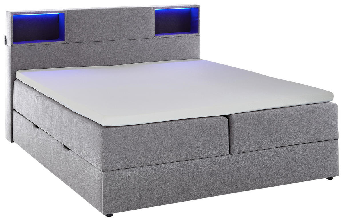 BOXSPRINGBETT 160/200 cm,  in Hellgrau, Matratze, Beleuchtung, Bettkasten, Topper, H3 = fest  - Hellgrau/Schwarz, Design, Holz/Textil (160/200cm) - Xora