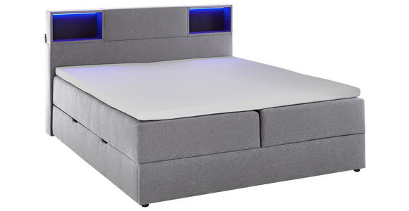 BOXSPRINGBETT 180/200 cm,  in Hellgrau, Matratze, Beleuchtung, Bettkasten, Topper, H3 = fest  - Hellgrau/Schwarz, Design, Holz/Textil (180/200cm) - Xora