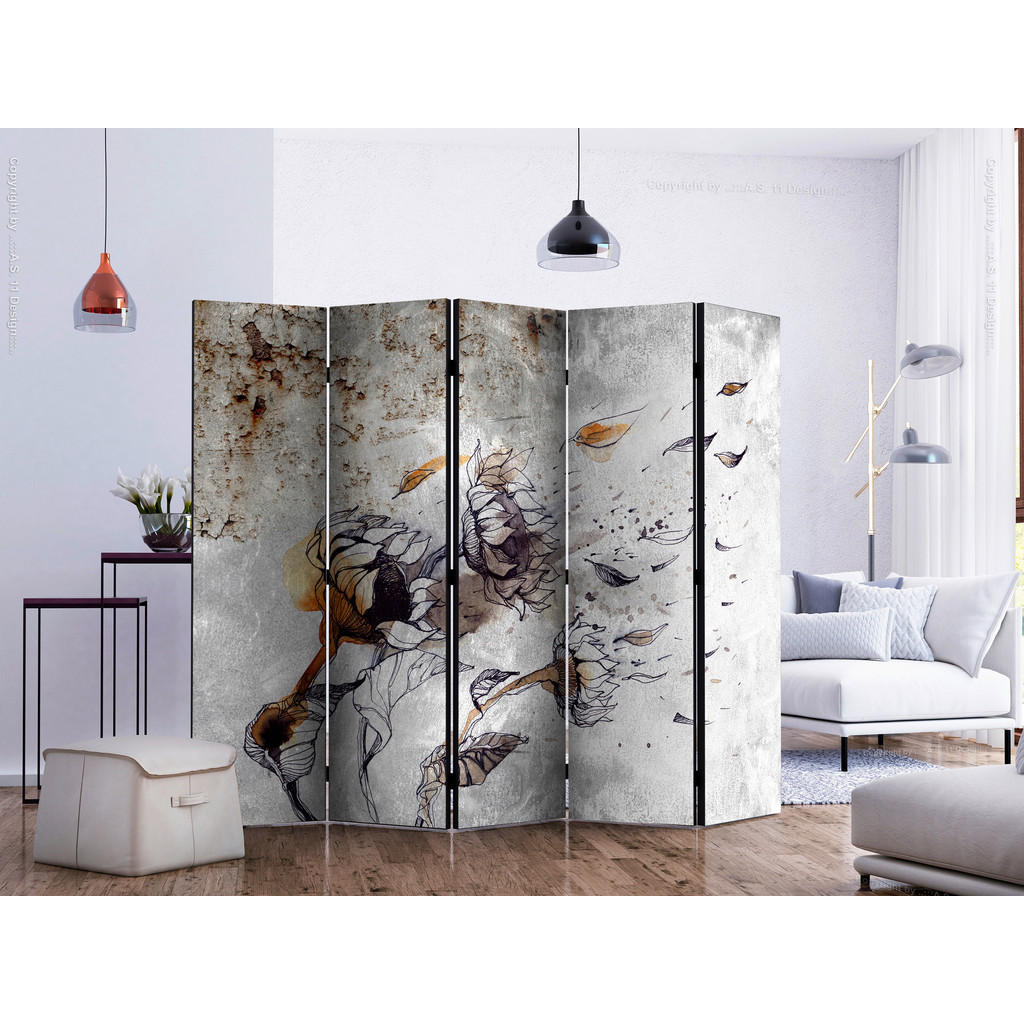 Thumbnail - artgeist Paravent, Braun, Grau, Holz, Textil, Kiefer, massiv, Blume, 225x172x3 cm, Motiv auf Vorder- und Rückseite, Wohn...