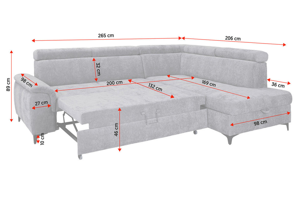 ECKSOFA Elfenbein Chenille Bettkasten, Schlaffunktion, Rücken echt, Kopfteilverstellung, Liegefläche im Originalstoff  - Elfenbein/Schwarz, KONVENTIONELL, Textil/Metall (265/206cm) - Carryhome