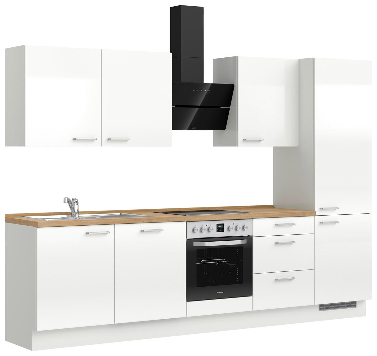 KÜCHENLEERBLOCK 300 cm   in Eichefarben, Weiß Hochglanz  - Edelstahlfarben/Eichefarben, MODERN, Holzwerkstoff/Metall (300cm) - Nobilia