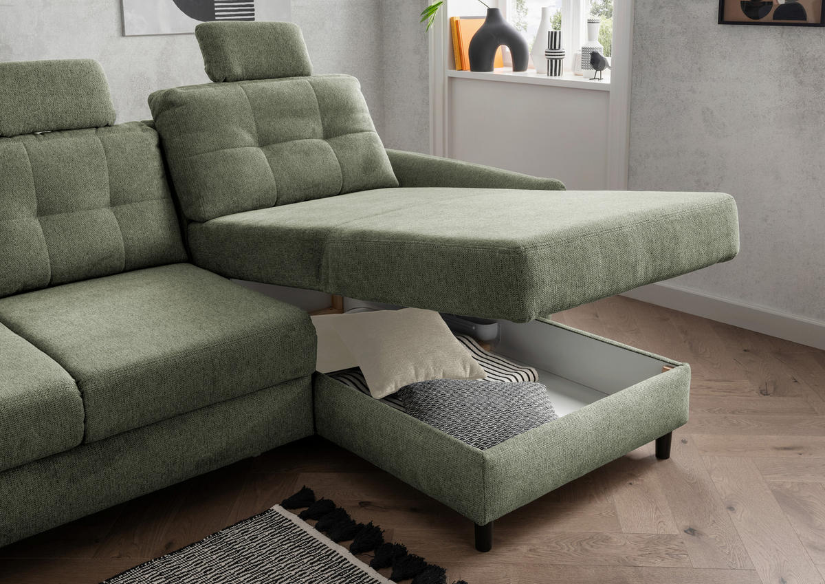 ECKSOFA in Chenille Dunkelgrün  - Dunkelgrün/Beige, Modern, Holz/Textil (250-280/176cm) - Livetastic