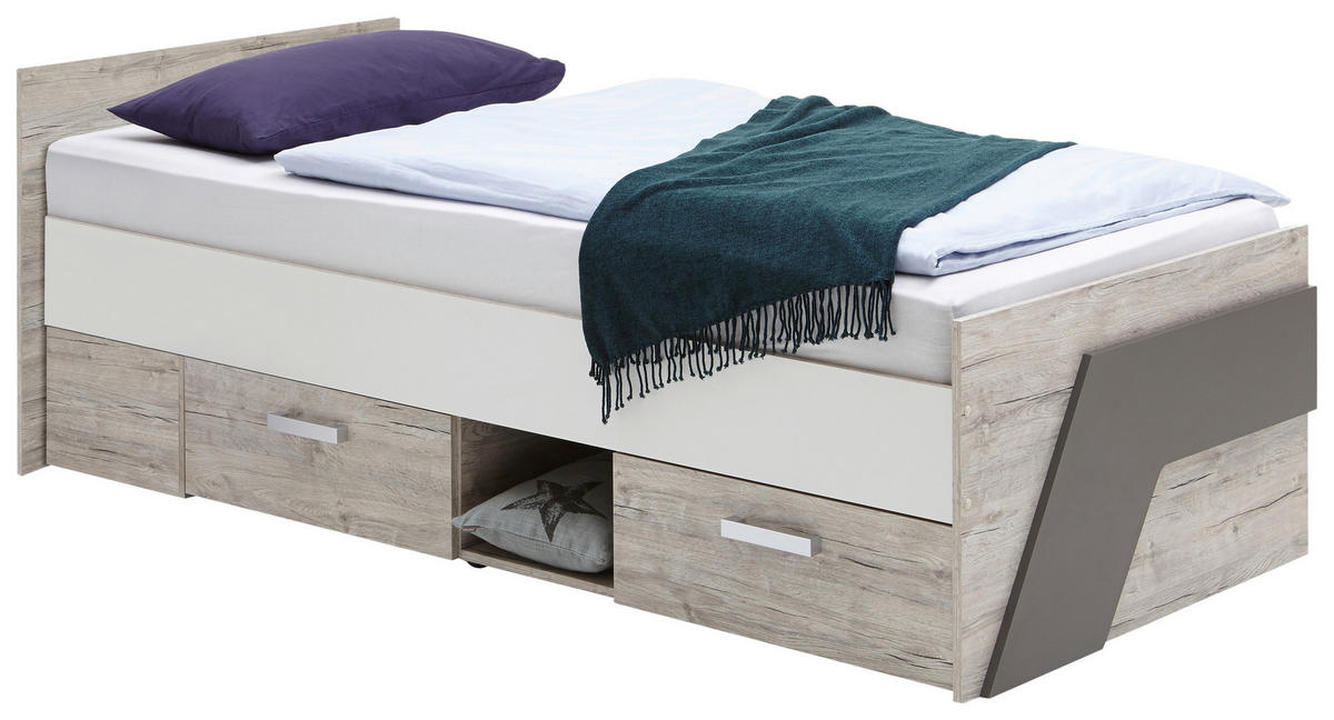 STAURAUMBETT 90/200 cm  in Braun, Weiß, Hellblau  - Braun/Weiß, MODERN, Holzwerkstoff (90/200cm) - MID.YOU