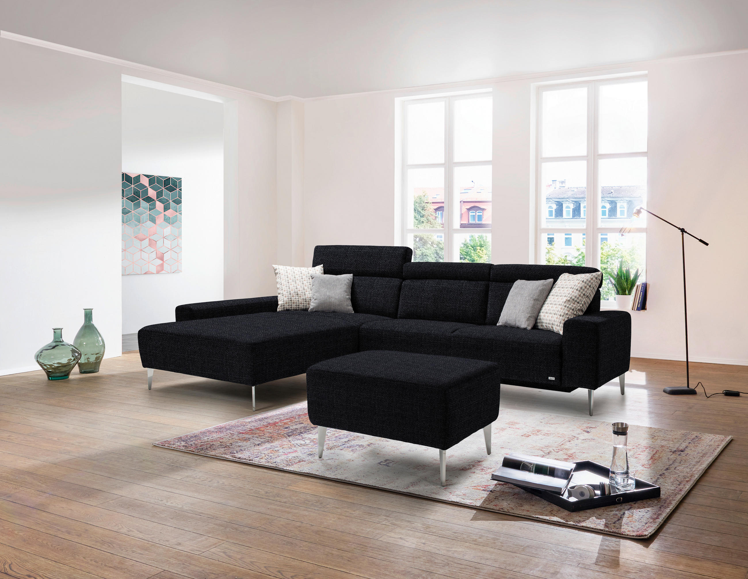 ECKSOFA in Webstoff Anthrazit  205/308 cm  - Anthrazit/Alufarben, Design, Textil/Metall (205/308cm) - Sedda
