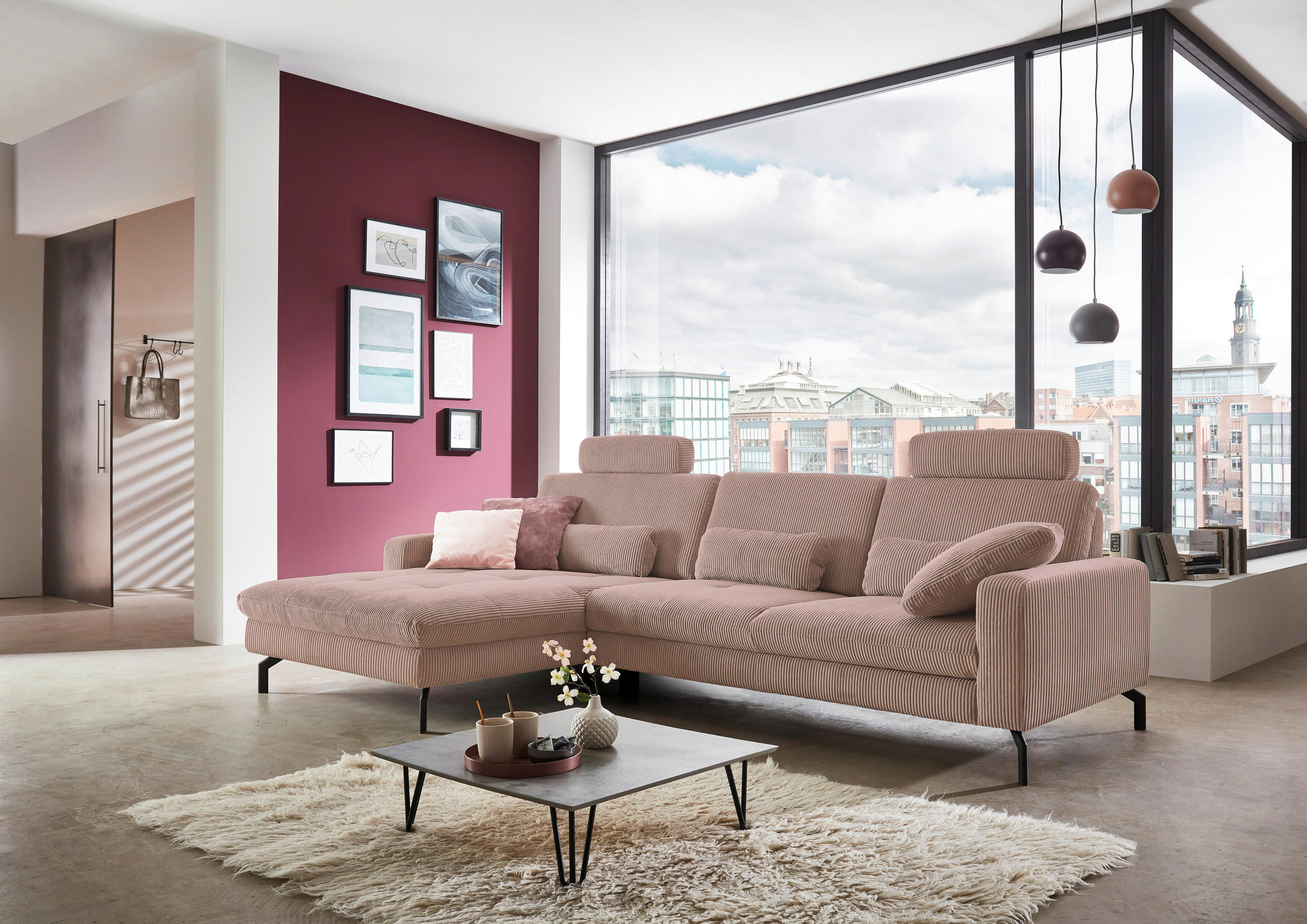 ECKSOFA Altrosa Cord  - Schwarz/Altrosa, Design, Textil/Metall (178/302cm) - Carryhome
