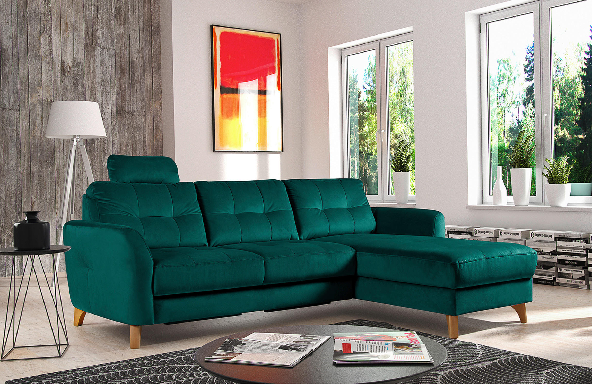 ECKSOFA Petrol Samt  - Buchefarben/Petrol, Design, Holz/Textil (238/168cm) - Livetastic