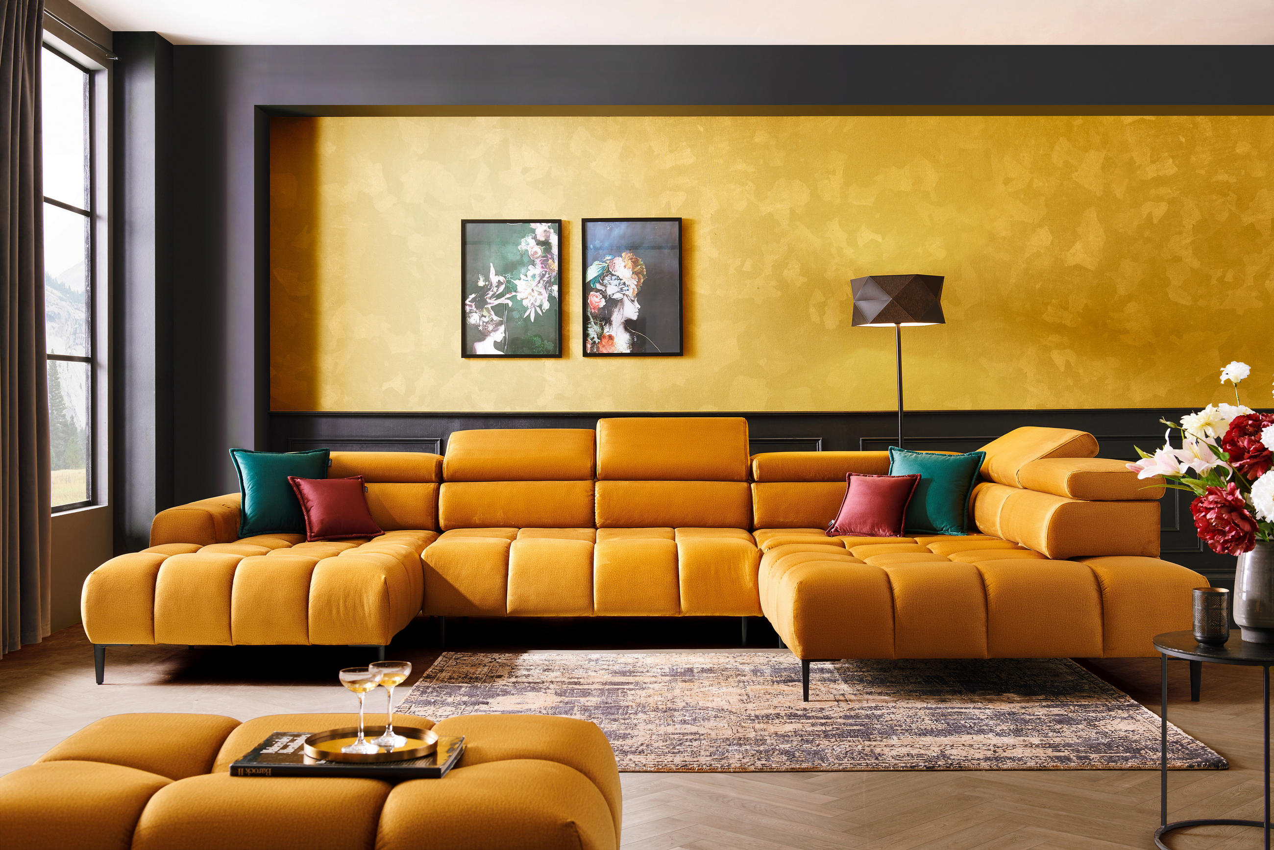 ECKSOFA Currygelb Webstoff  - Currygelb/Schwarz, Design, Textil/Metall (177/385/216cm) - Welnova