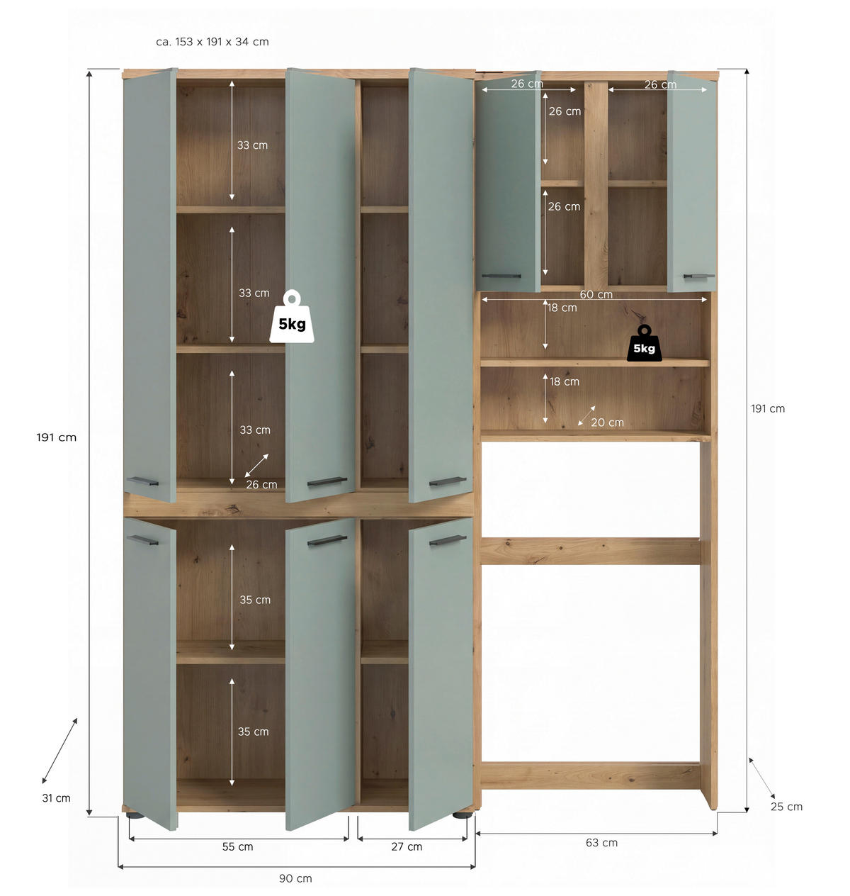 BADEZIMMER 2-teilig  in 153 cm  - Salbeigrün/Schwarz, Trend, Holzwerkstoff/Kunststoff (153cm) - MID.YOU