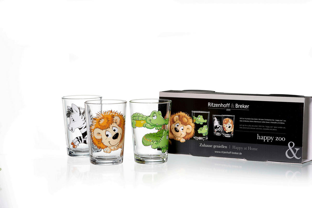 KINDER-GLÄSERSET Happy Zoo  3-teilig  - Klar/Schwarz, Basics, Glas (25/8/8cm) - Ritzenhoff Breker