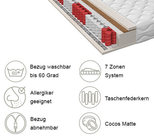 TASCHENFEDERKERNMATRATZE 80/200 cm Höhe ca. 18 cm 7 -Zonen - Weiß, Basics, Textil (80/200cm) - Xora