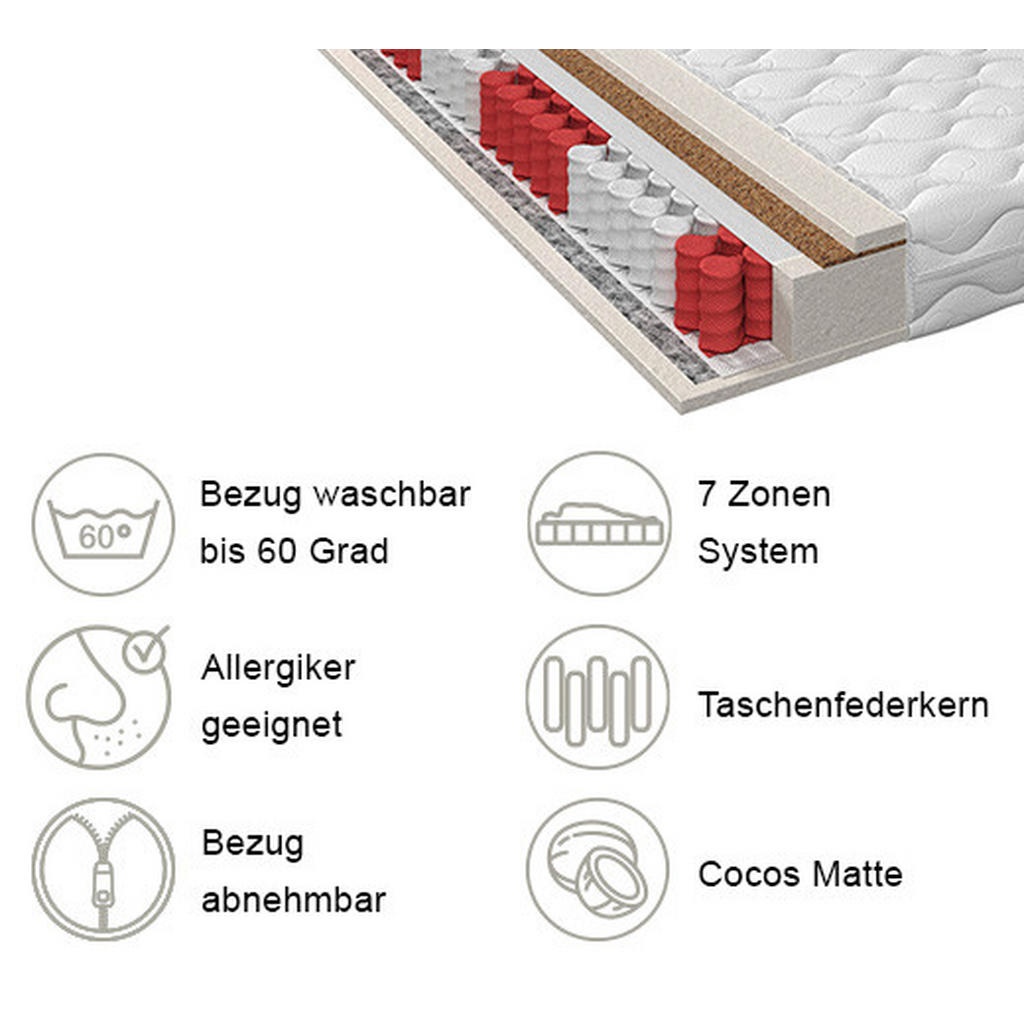 Thumbnail - Xora Taschenfederkernmatratze, Weiß, Textil, H3 + H4, 160x200 cm, Bezug abnehmbar/waschbar, für Hausstauballergiker geei...