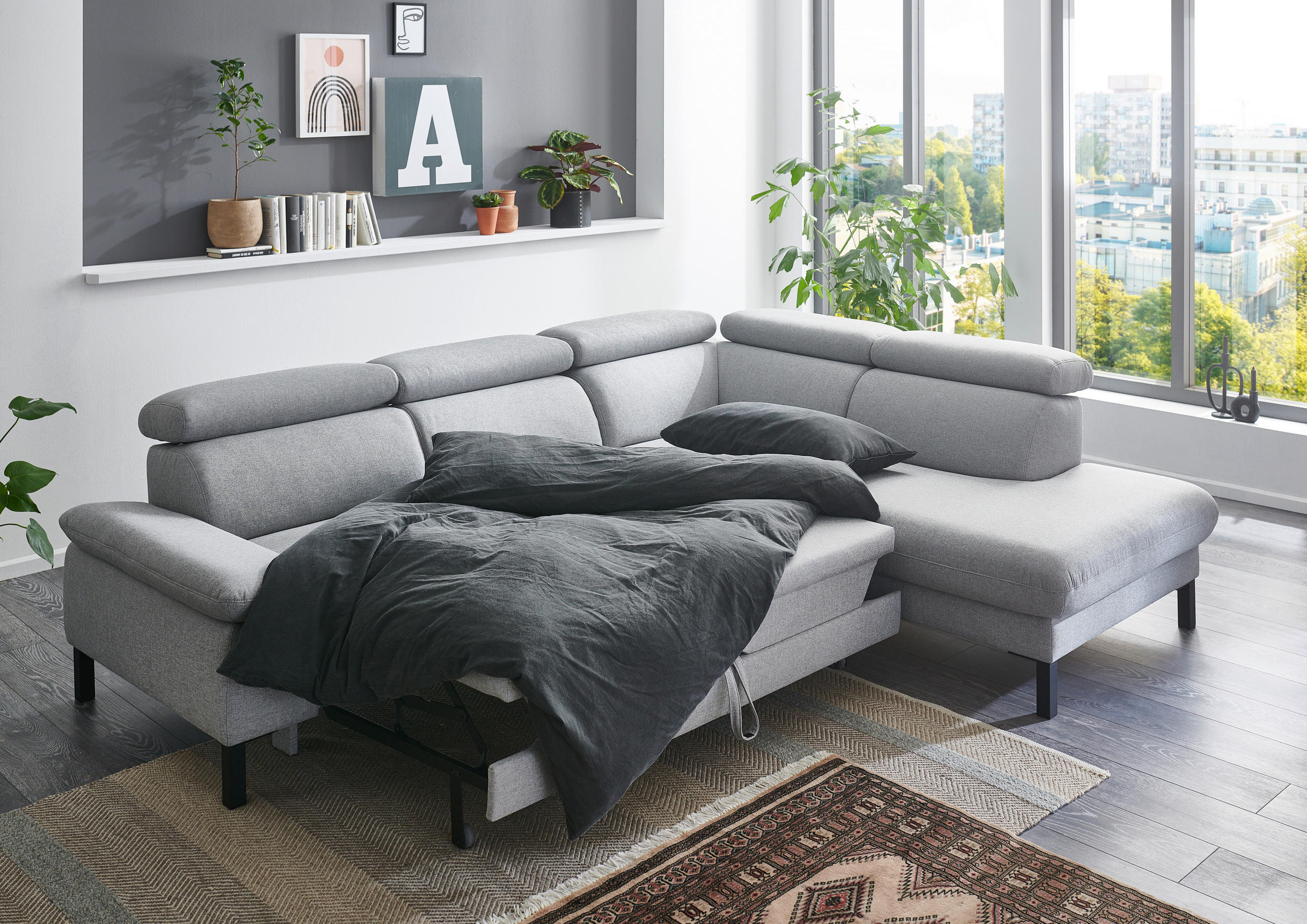 ECKSOFA in Flachgewebe Hellgrau  - Hellgrau/Schwarz, Design, Holzwerkstoff/Textil (272/217cm) - Pure Home Comfort