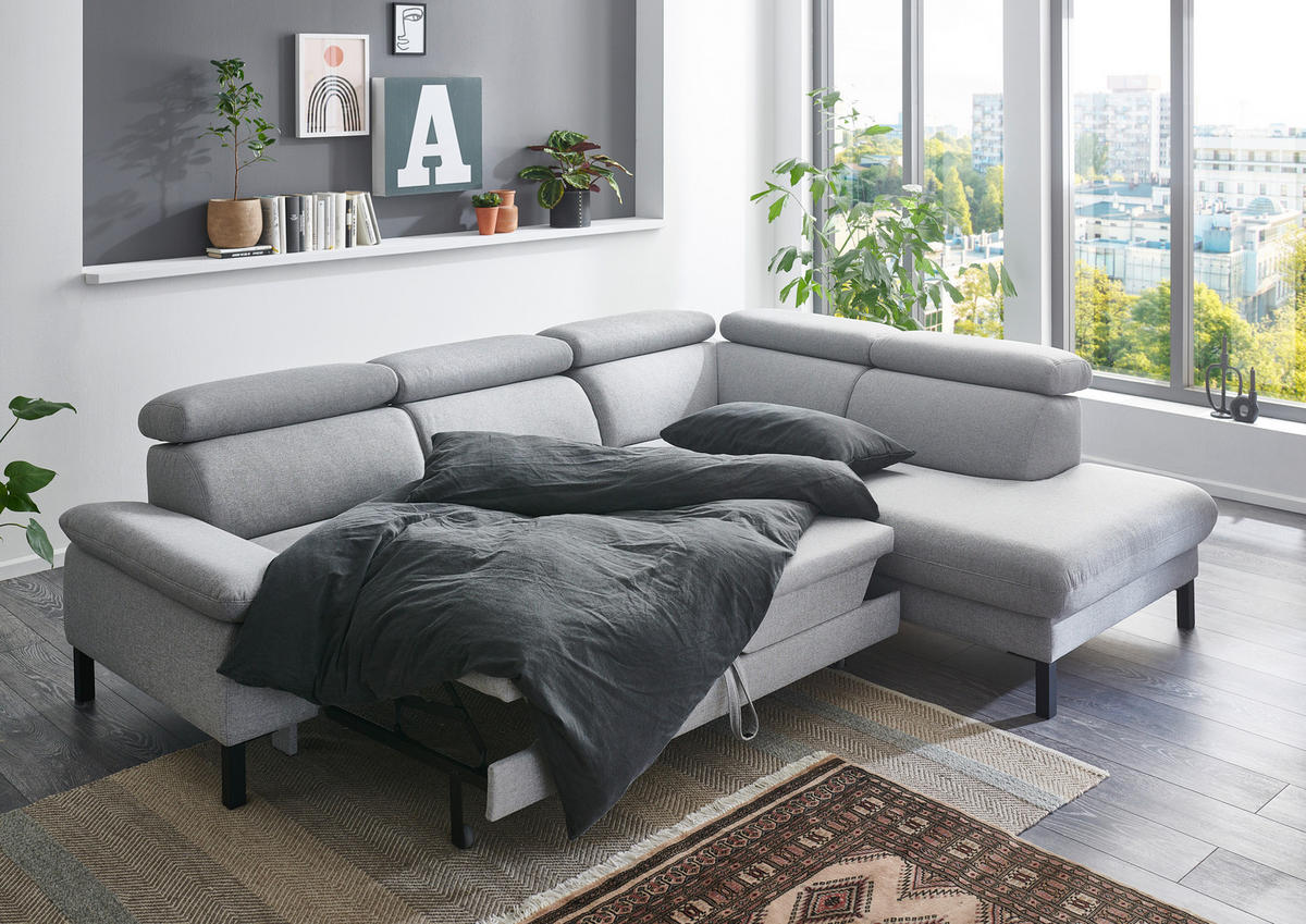 ECKSOFA inkl. Funktionen 830 Hellgrau Flachgewebe  - Hellgrau/Schwarz, Design, Textil/Metall (272/217cm) - Pure Home Comfort