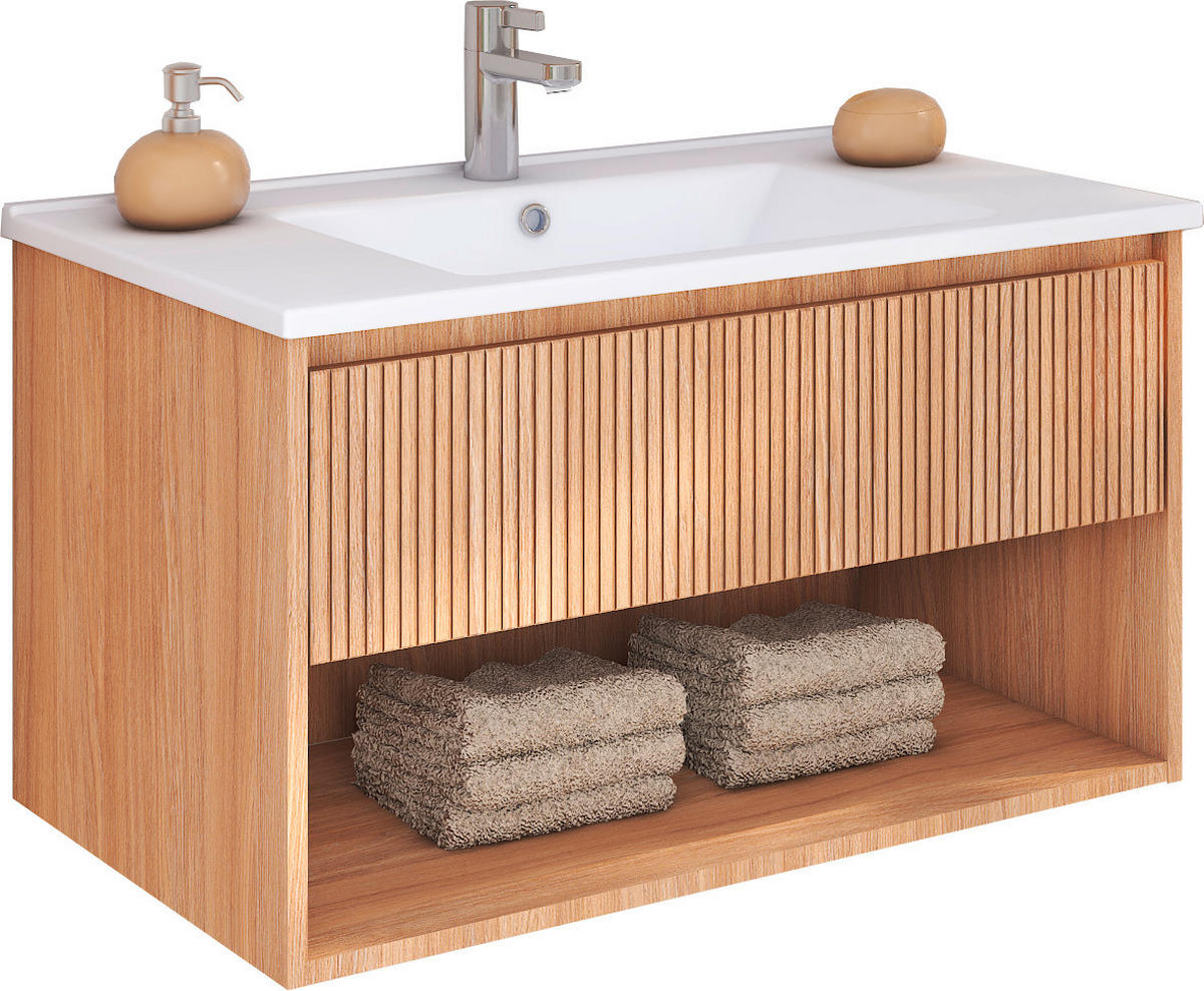 UMIVAL. ENOTA Z UMIVALNIKOM 80/50/46 cm  - barve hrasta/bela, Moderno, leseni material/keramika (80/50/46cm) - Ti'me