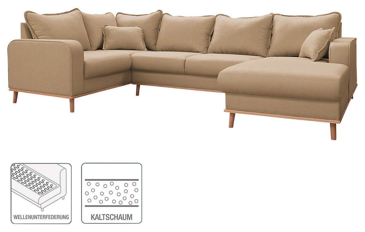 WOHNLANDSCHAFT Sandfarben Textilgeflecht  - Sandfarben/Wengefarben, Design, Holz/Textil (167/296/170cm) - Livetastic