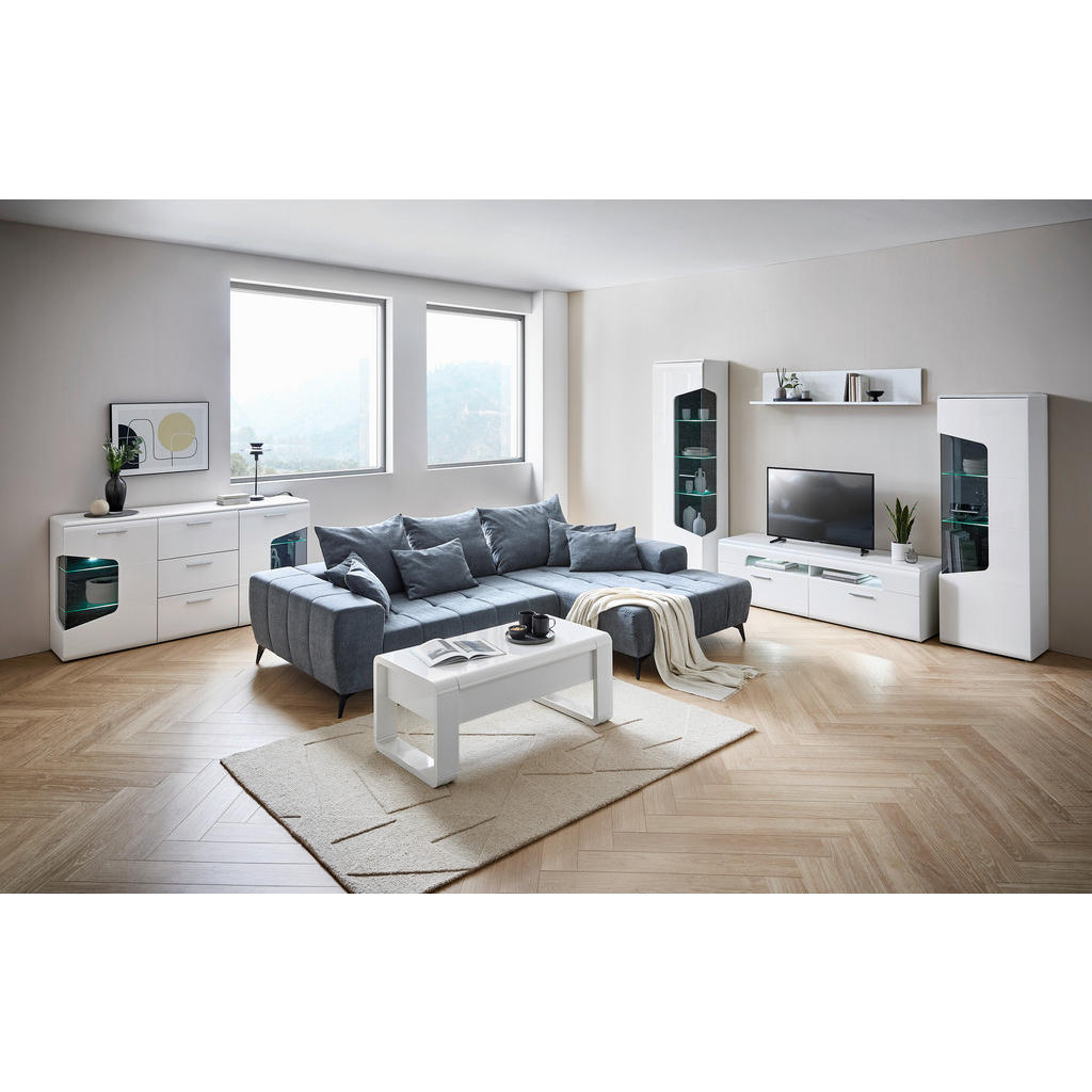 Thumbnail - Hom`in Wohnwand, Weiß, Eiche, Weiß Hochglanz, Metall, 7 Fächer, 2 Schubladen, 330x201x50.7 cm, Typenauswahl, Wohnzimmer,...
