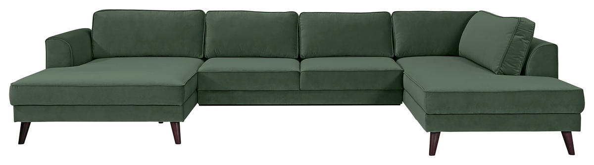 WOHNLANDSCHAFT Velours Dunkelgrün  - Wengefarben/Dunkelgrün, Modern, Holz/Textil (169/348/201cm) - Trendmanufaktur