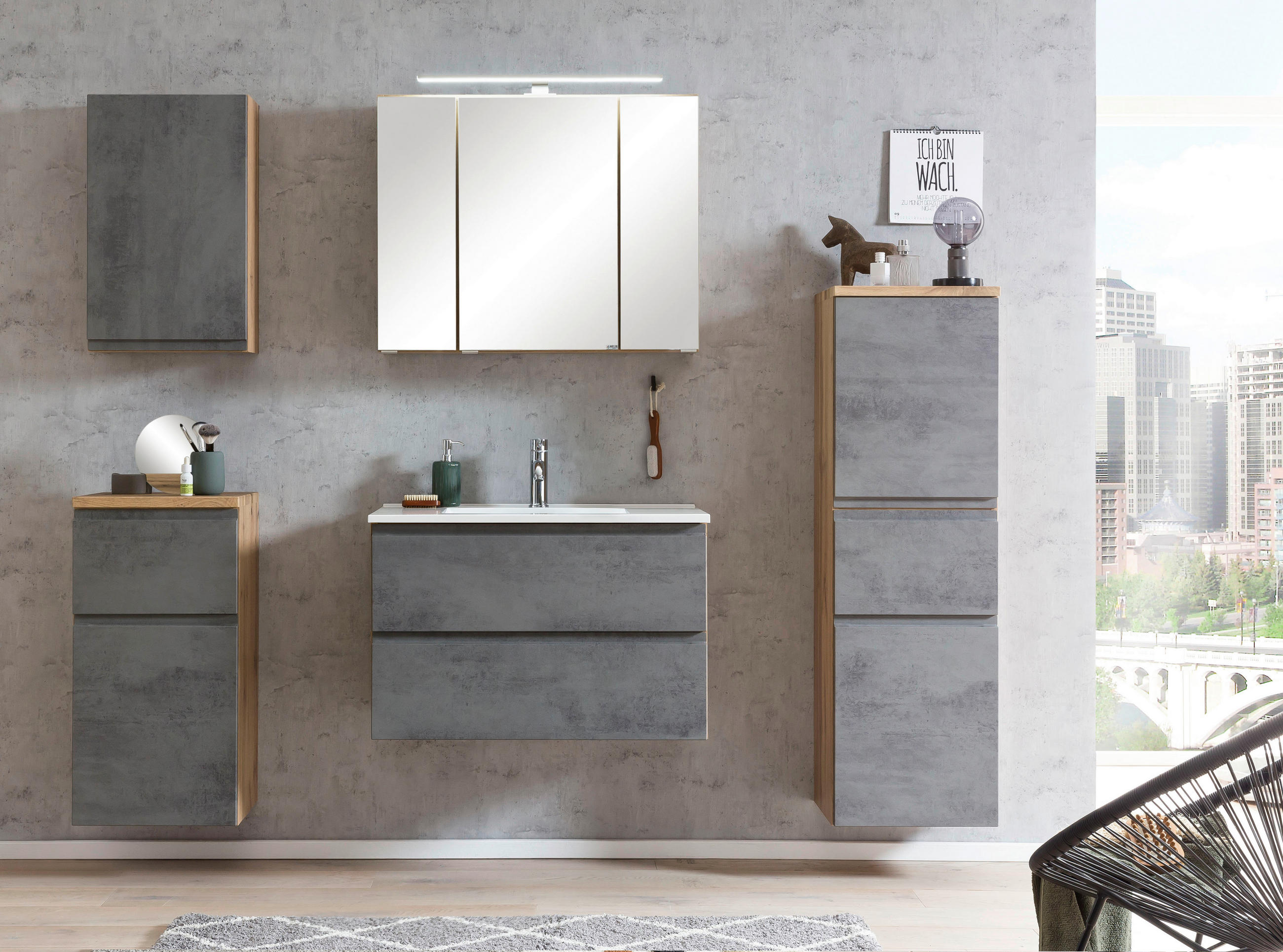 WASCHTISCHKOMBI 80 cm  - Weiss/Eiche Wotan, Modern, Holzwerkstoff/Stein (80cm) - Held