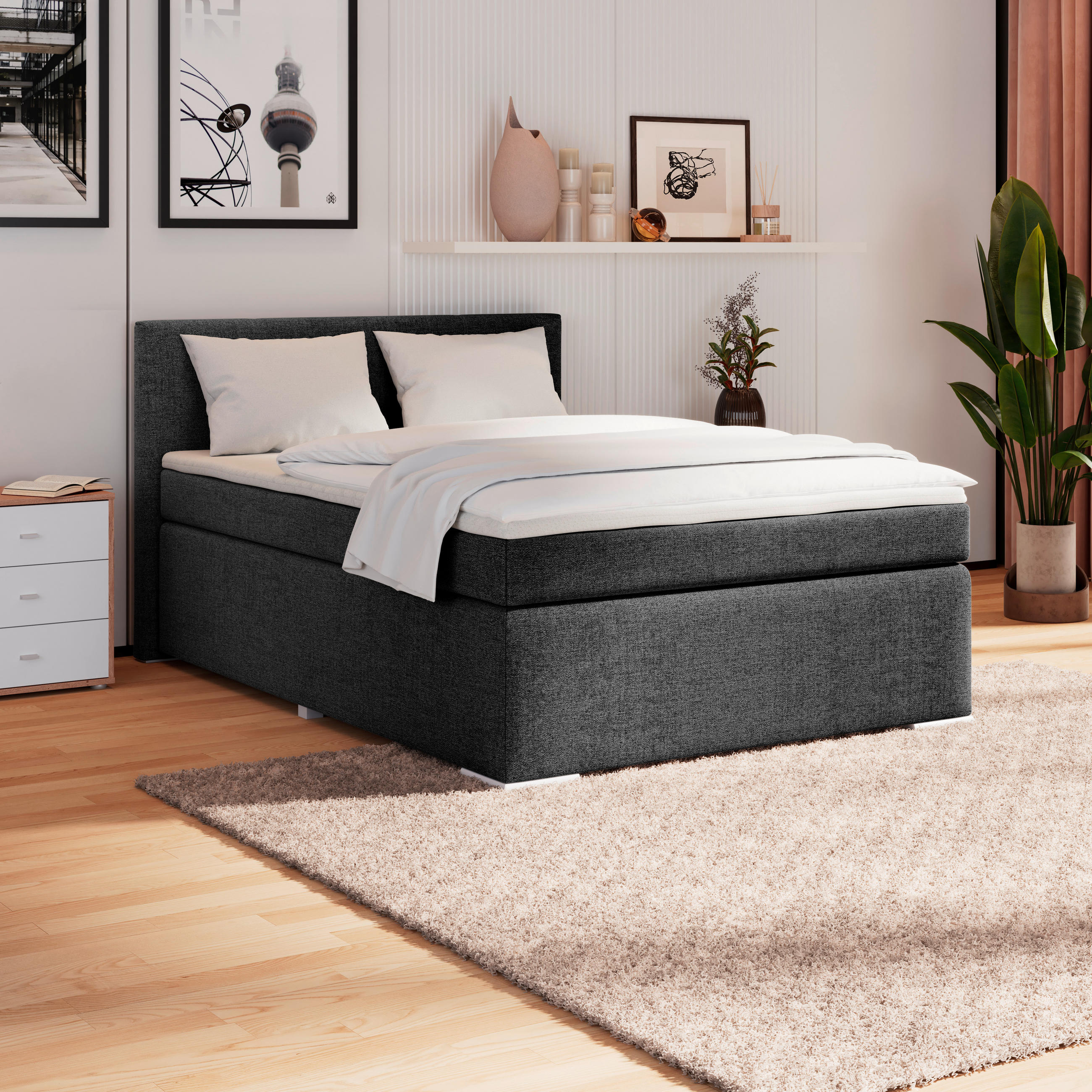 BOXSPRINGBETT 140/200 cm  in Schwarz  - Alufarben/Schwarz, Basics, Kunststoff/Textil (140/200cm) - Boxxx