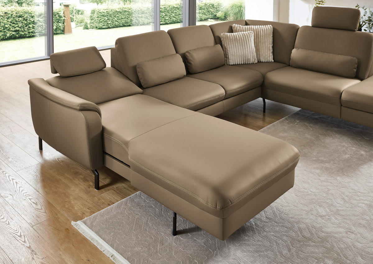 WOHNLANDSCHAFT Echtleder Khaki  - Khaki/Schwarz, Konventionell, Leder/Metall (168/306/224cm) - Beldomo Premium