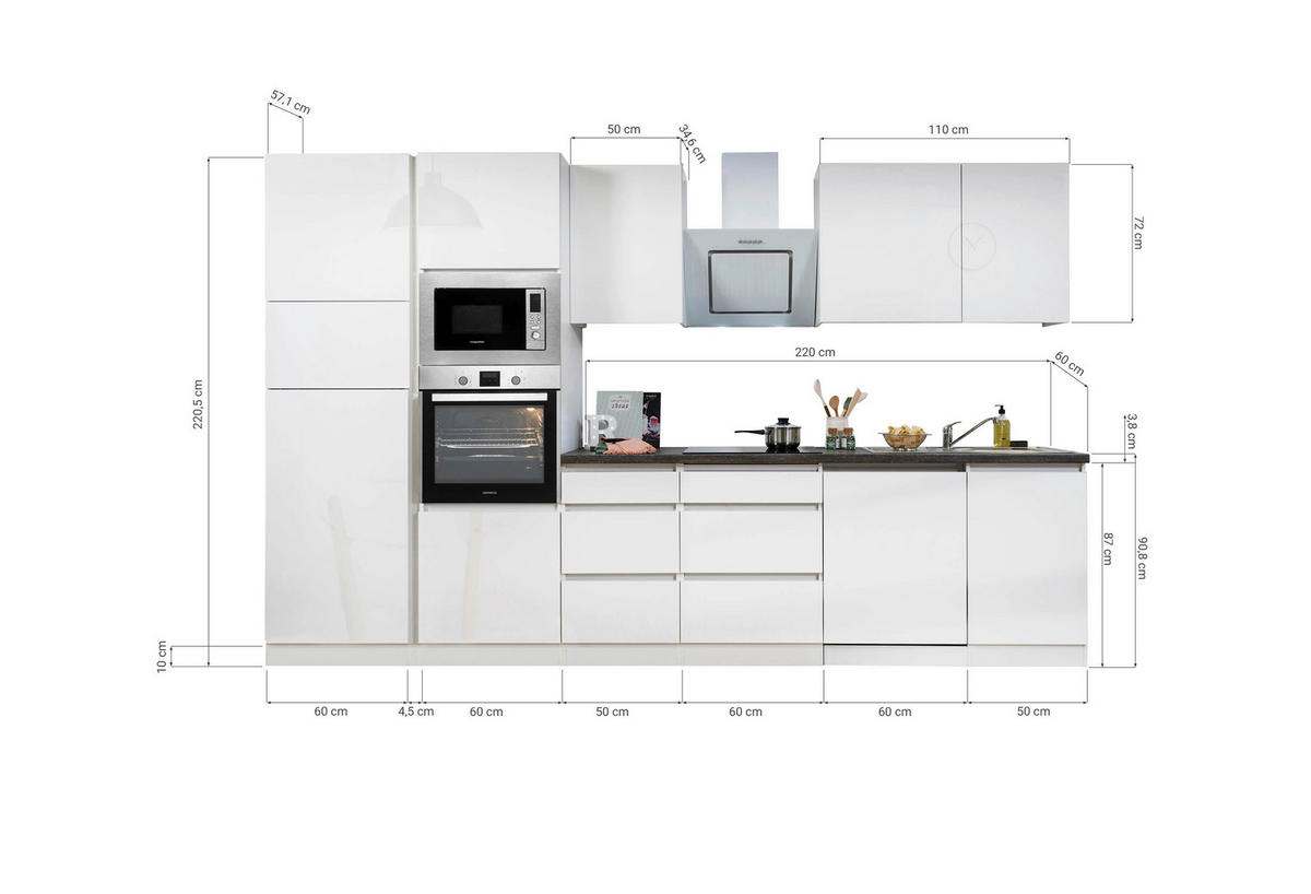 KÜCHENBLOCK 345 cm   in Weiß Hochglanz  - Weiß Hochglanz/Graphitfarben, Basics, Holzwerkstoff (345cm) - Respekta