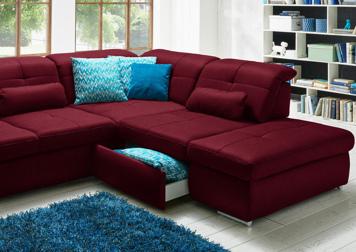 WOHNLANDSCHAFT  in Mikrofaser Weinrot  - Chromfarben/Weinrot, Design, Textil (195/371/260cm) - Beldomo Style