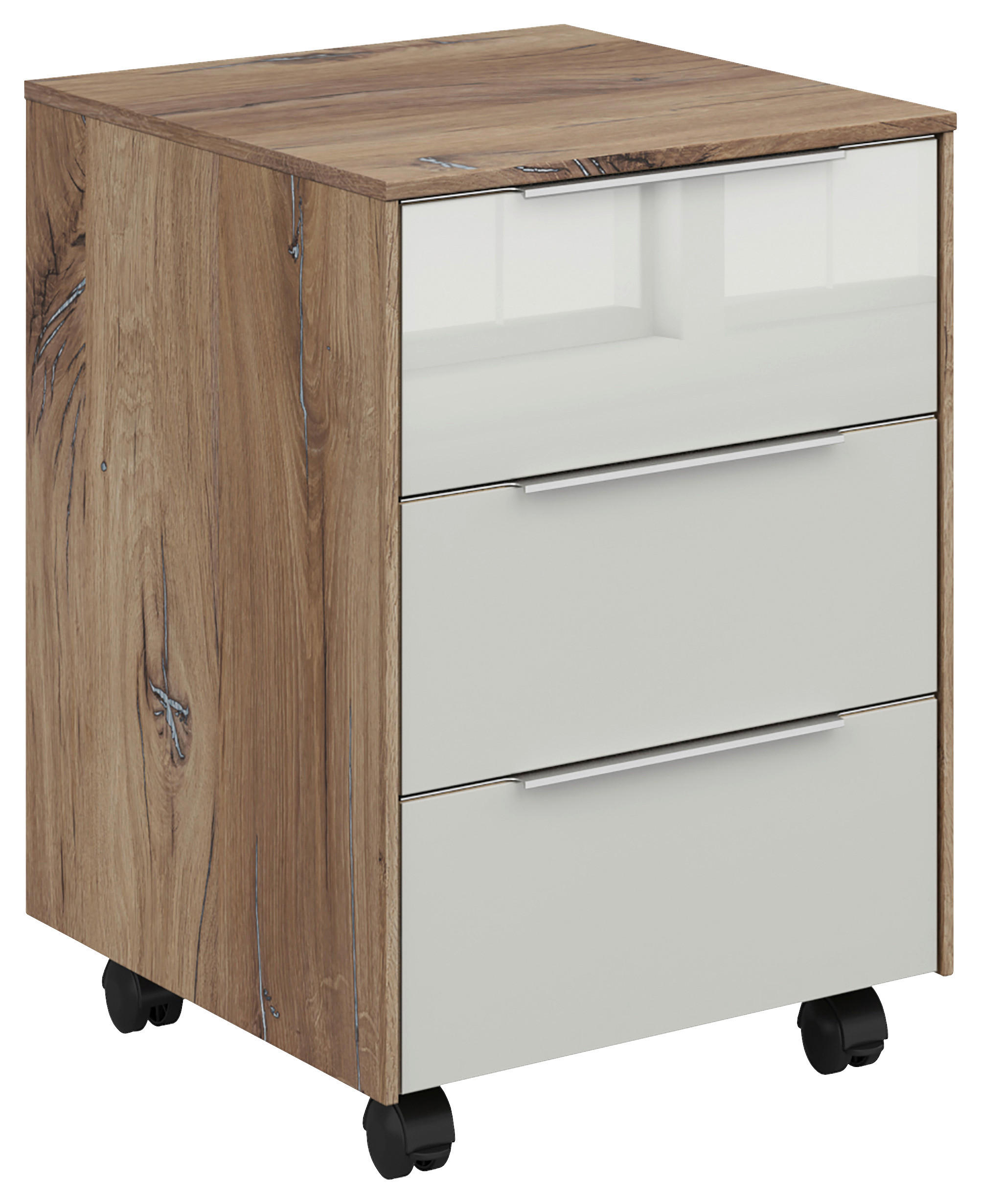 ROLLCONTAINER Hellgrau, Eiche dunkel  - Eiche dunkel/Silberfarben, KONVENTIONELL, Glas/Holzwerkstoff (40/61/50cm) - Voleo